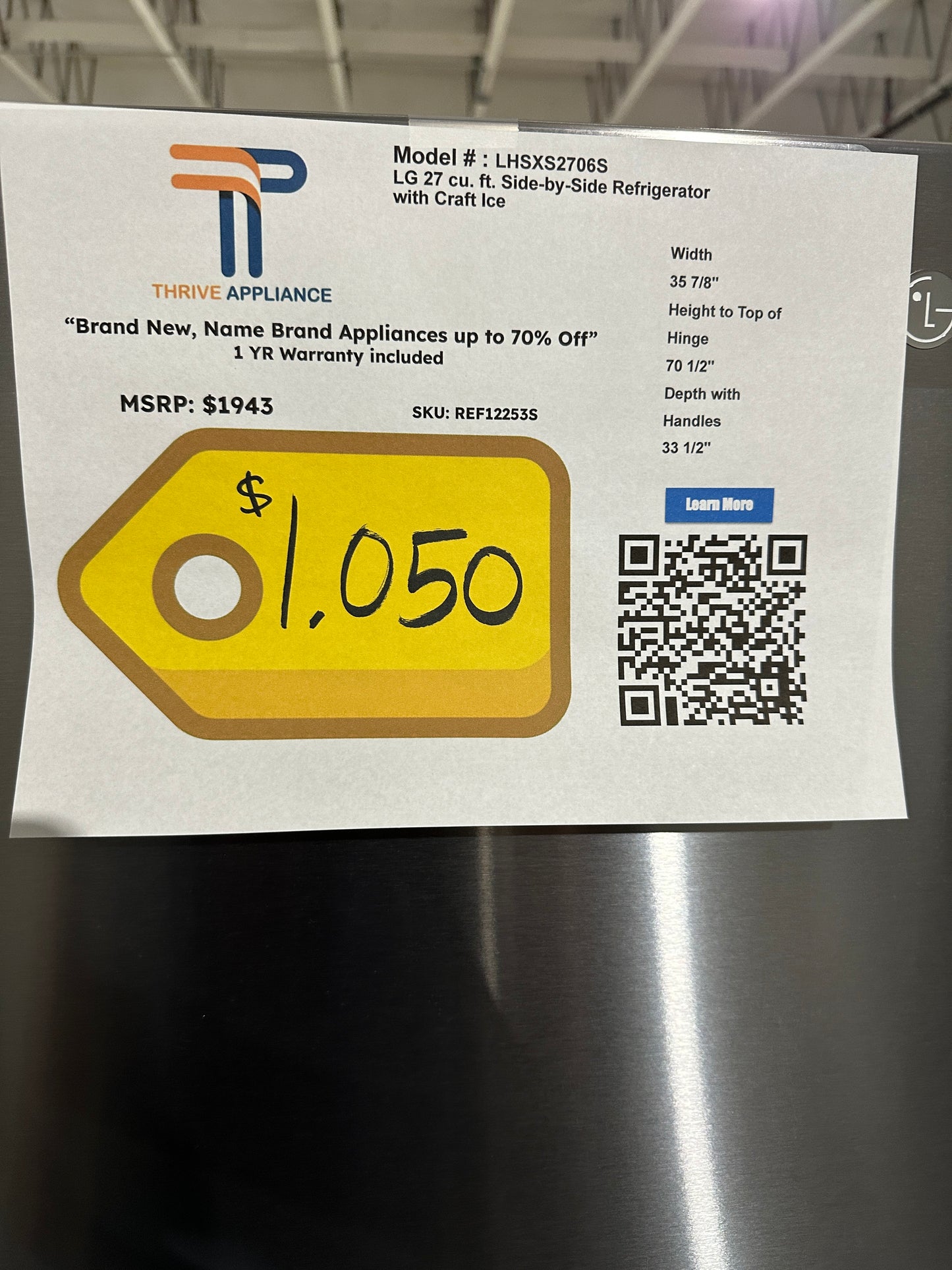 NEW LG SIDE-BY-SIDE REFRIGERATOR with SPACEPLUS ICE MODEL:LHSXS2706S REF12253S