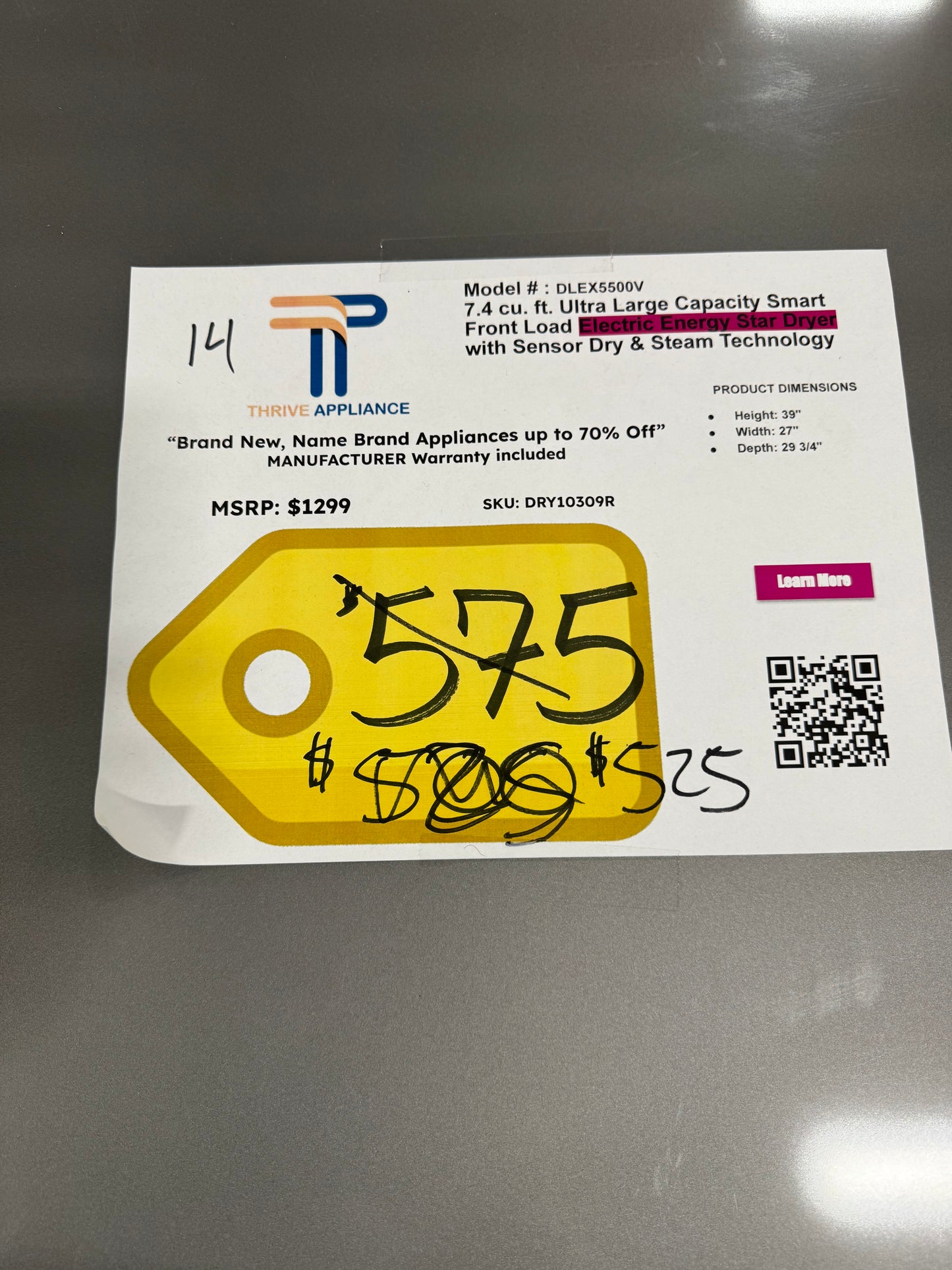 LG 7.4 cu. ft. Ultra Large Capacity Smart Front Load Electric ENERGY STAR Dryer with Sensor Dry & Steam Technology MODEL: DLEX5500V SKU: DRY10309R