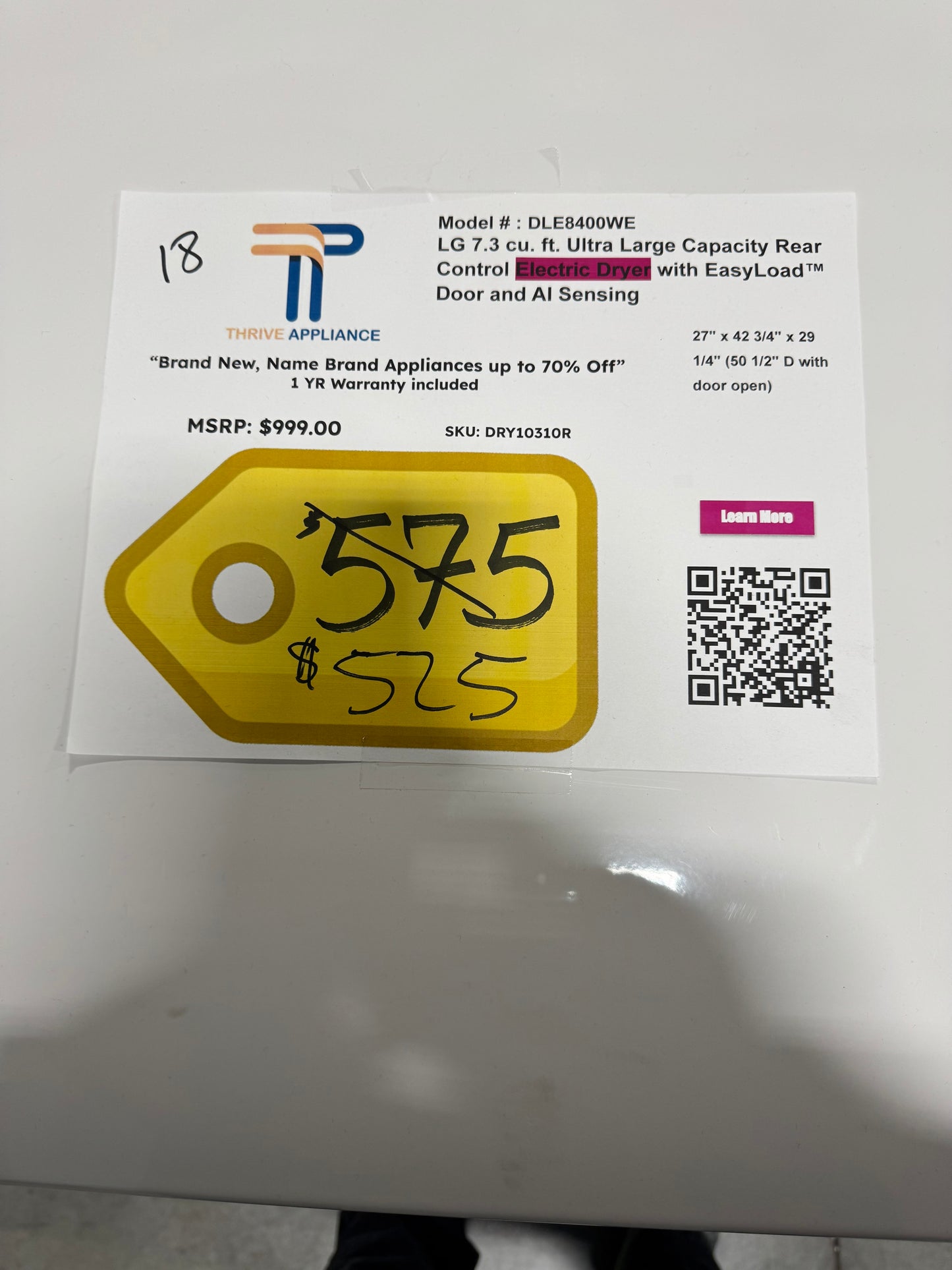 LG 7.3 cu. ft. Ultra Large Capacity Rear Control Electric Dryer with EasyLoad Door and AI Sensing MODEL: DLE8400WE SKU: DRY10310R