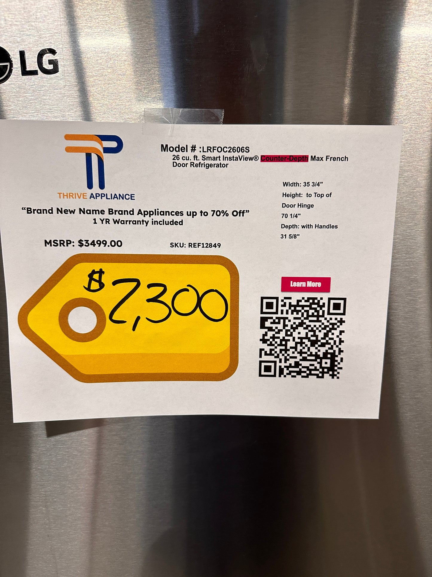 COUNTER DEPTH FRENCH DOOR LG REFRIGERATOR - REF12849 LRFOC2606S