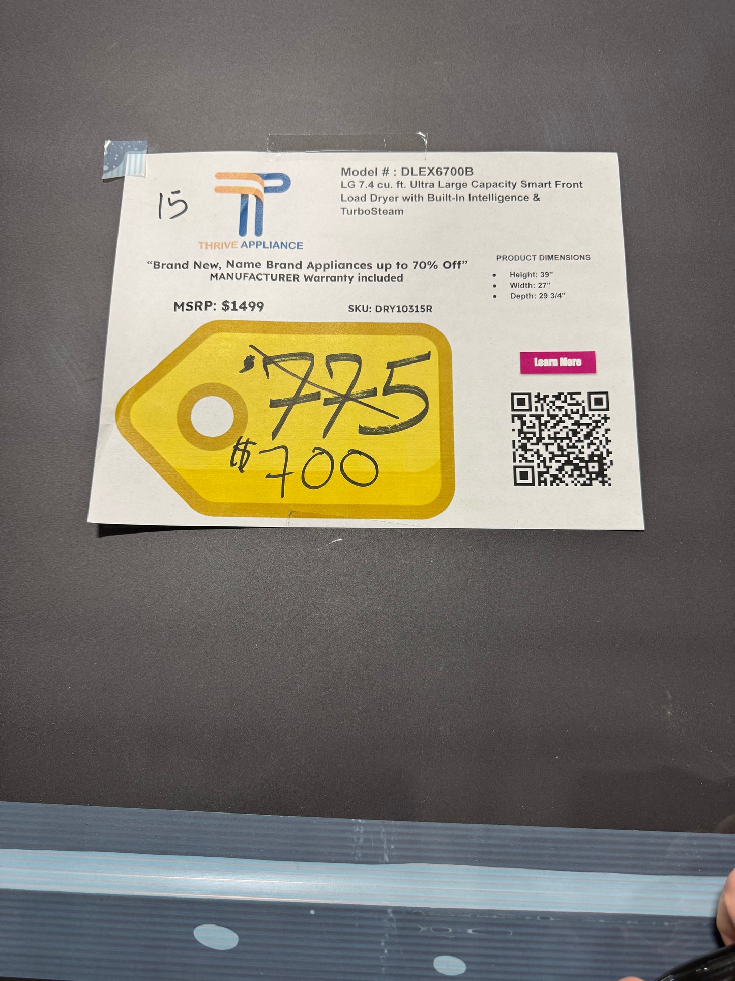 LG 7.4 cu. ft. Ultra Large Capacity Smart Front Load Dryer with Built-In Intelligence & TurboSteam MODEL: DLEX6700B SKU: DRY10315R