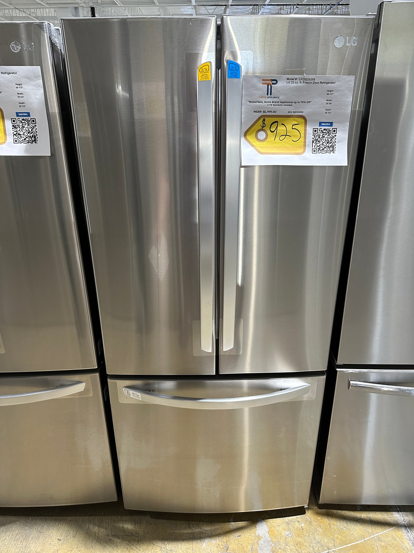 NEW LG FRENCH DOOR STAINLESS STEEL REFRIGERATOR MODEL:LFCS22520S REF12223S