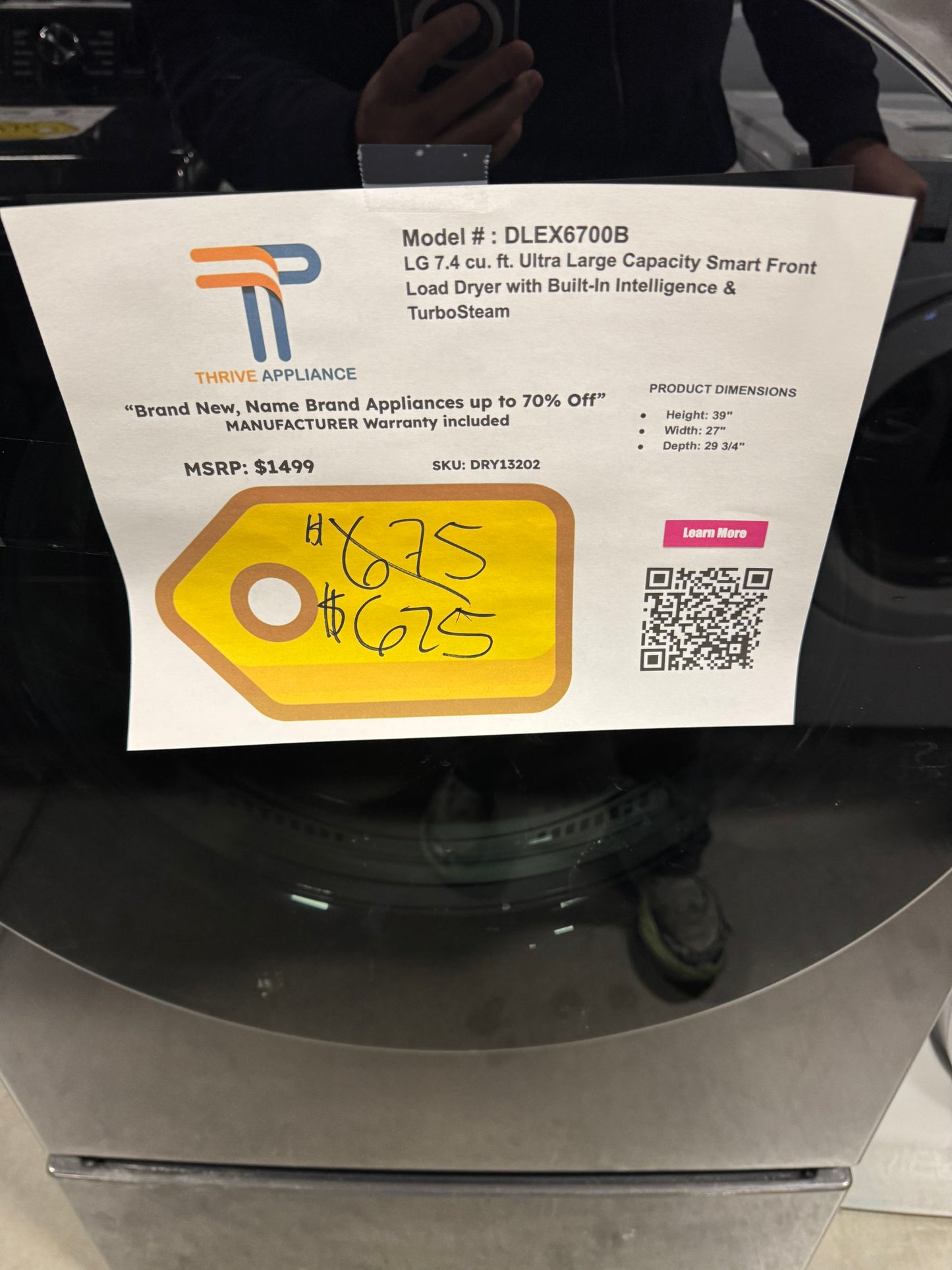 LG 7.4 cu. ft. Ultra Large Capacity Smart Front Load Electric Dryer with Built-In Intelligence & TurboSteam® MODEL: DLEX6700B SKU: DRY13202