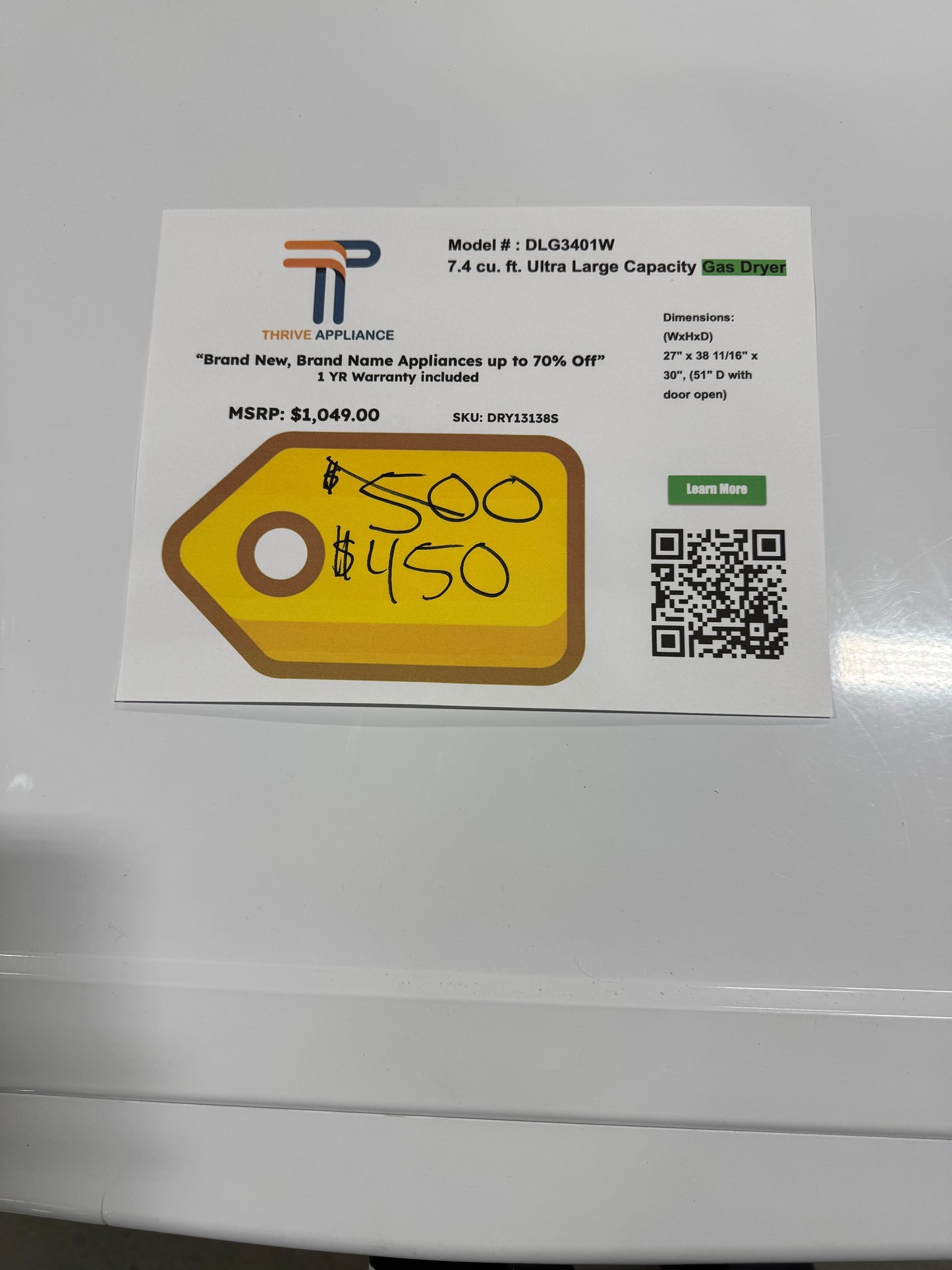 LG 7.4 Cu. Ft. Vented Stackable Gas Dryer in White with Sensor Dry