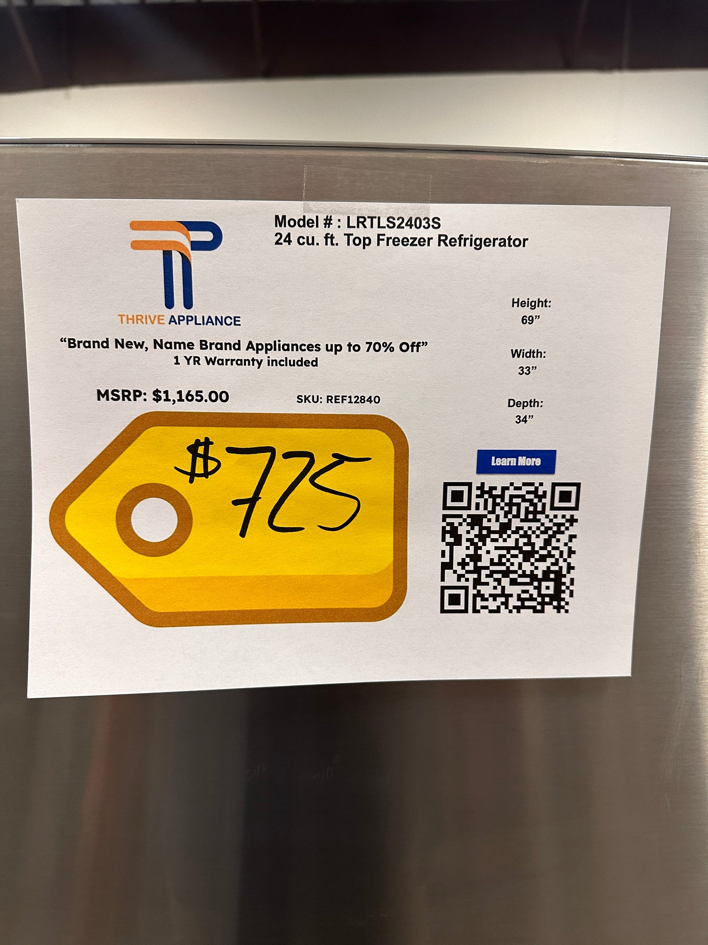 GREAT NEW STAINLESS STEEL LG TOP MOUNT FRIDGE - REF12840 LRTLS2403S