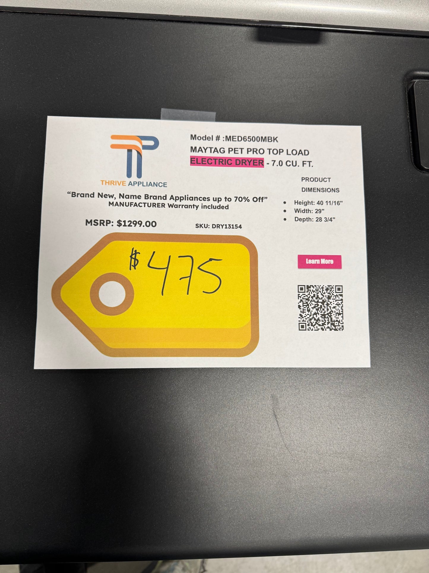 Maytag Pet Pro Top Load Electric Dryer MODEL: MED6500MBK DRY13154