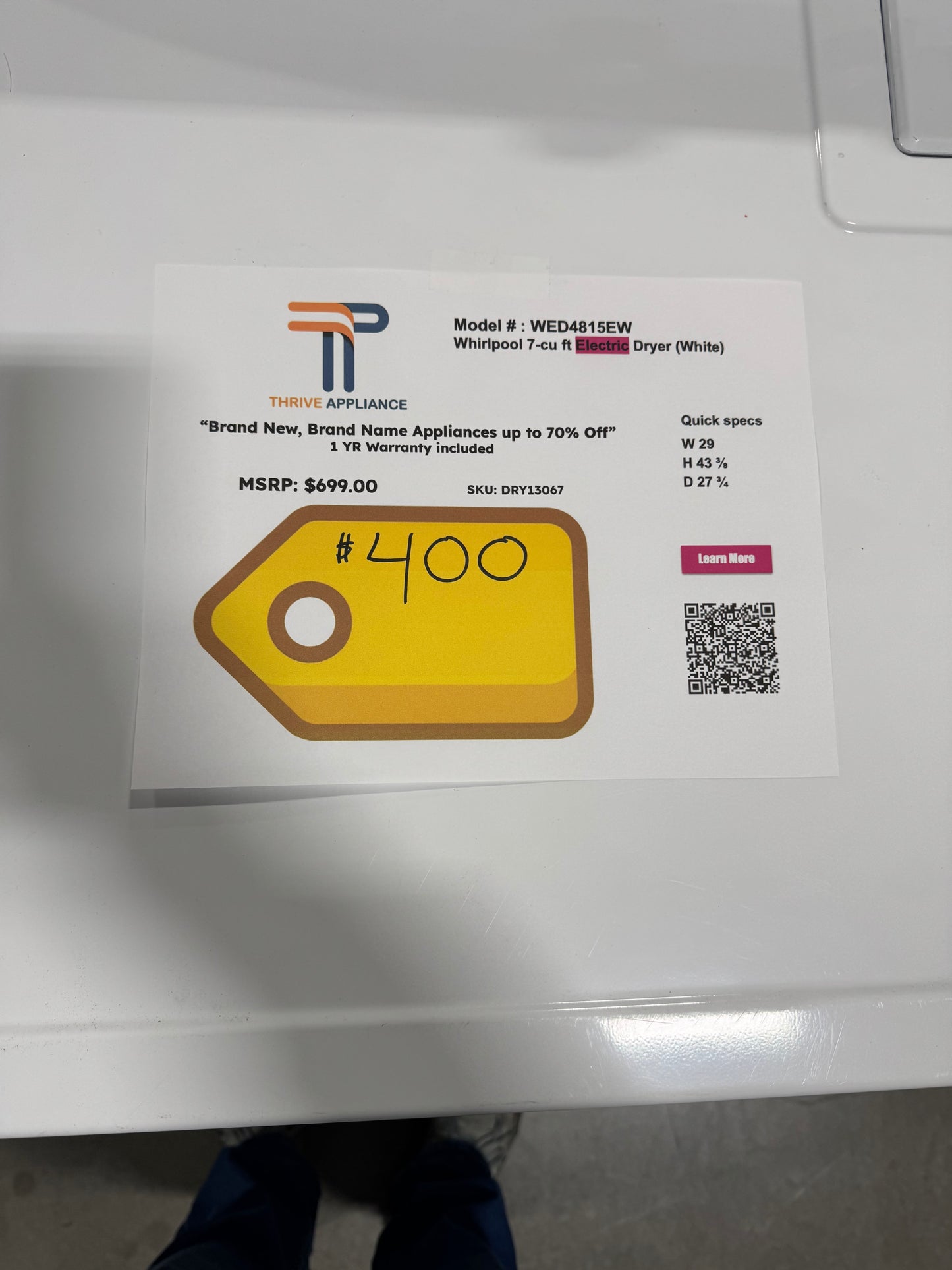 Whirlpool 7-cu ft Vented Electric Dryer ( White ) MODEL: WED4815EW SKU: DRY13067