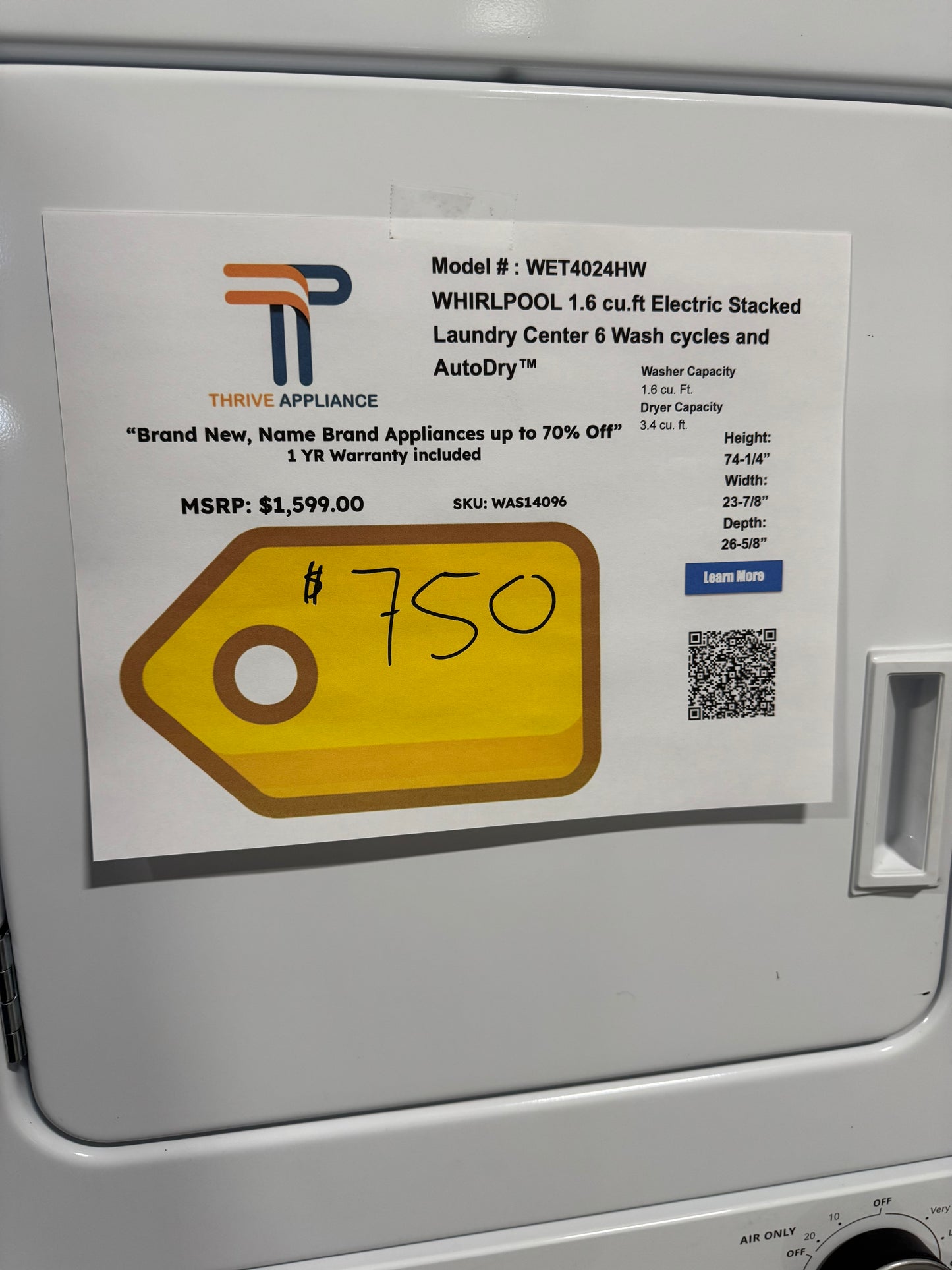 Whirlpool Electric Stacked Laundry Center with 1.6-cu ft Top load Washer and 3.4-cu ft Dryer White