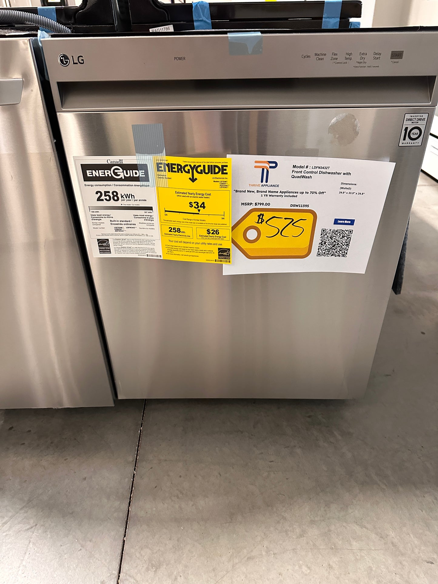 FRONT CONTROL LG DISHWASHER - DSW11595 Model:LDFN3432T