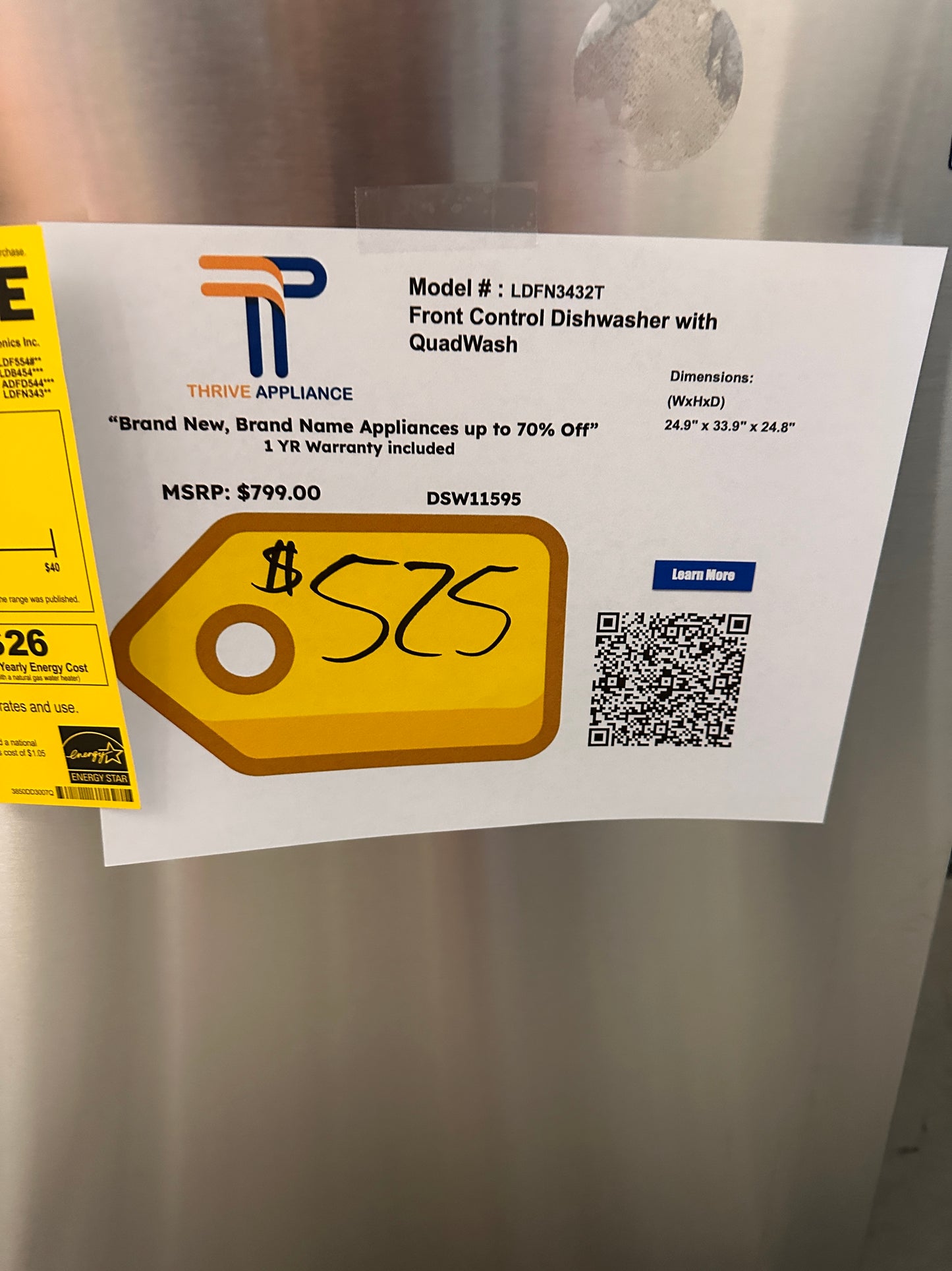 FRONT CONTROL LG DISHWASHER - DSW11595 Model:LDFN3432T