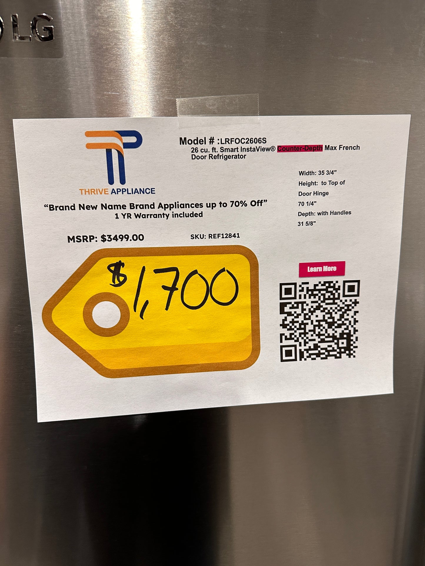 GREAT NEW FRENCH DOOR LG REFRIGERATOR - REF12841 LRFOC2606S