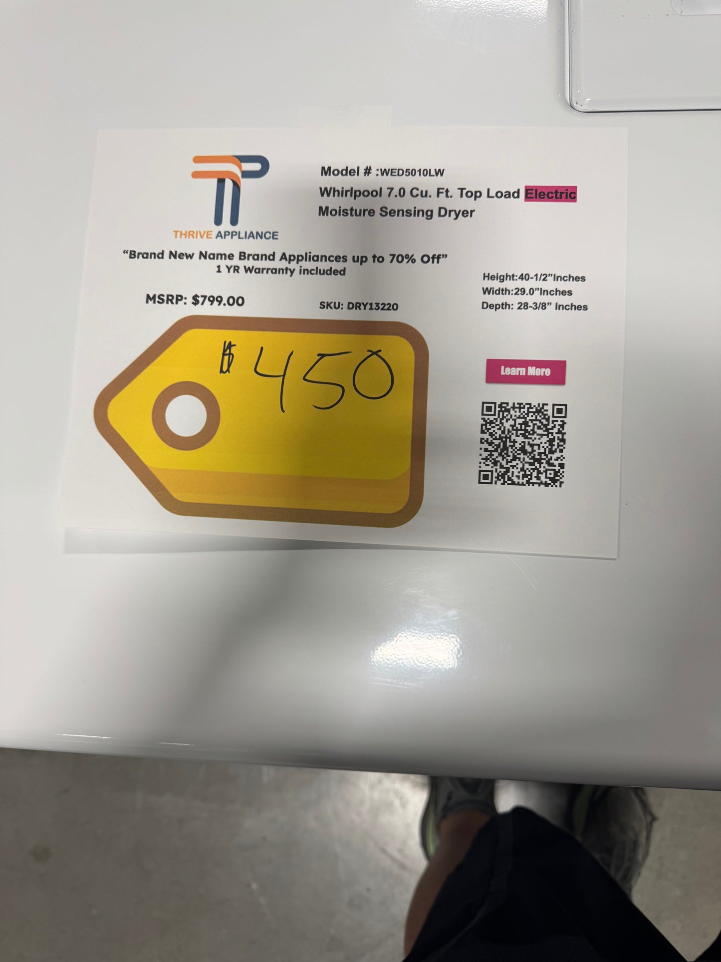 Whirlpool 7 cu. ft. Vented Top Load Matching Electric Dryer in White with Moisture Sensing MODEL: WED5010LW SKU: DRY13220