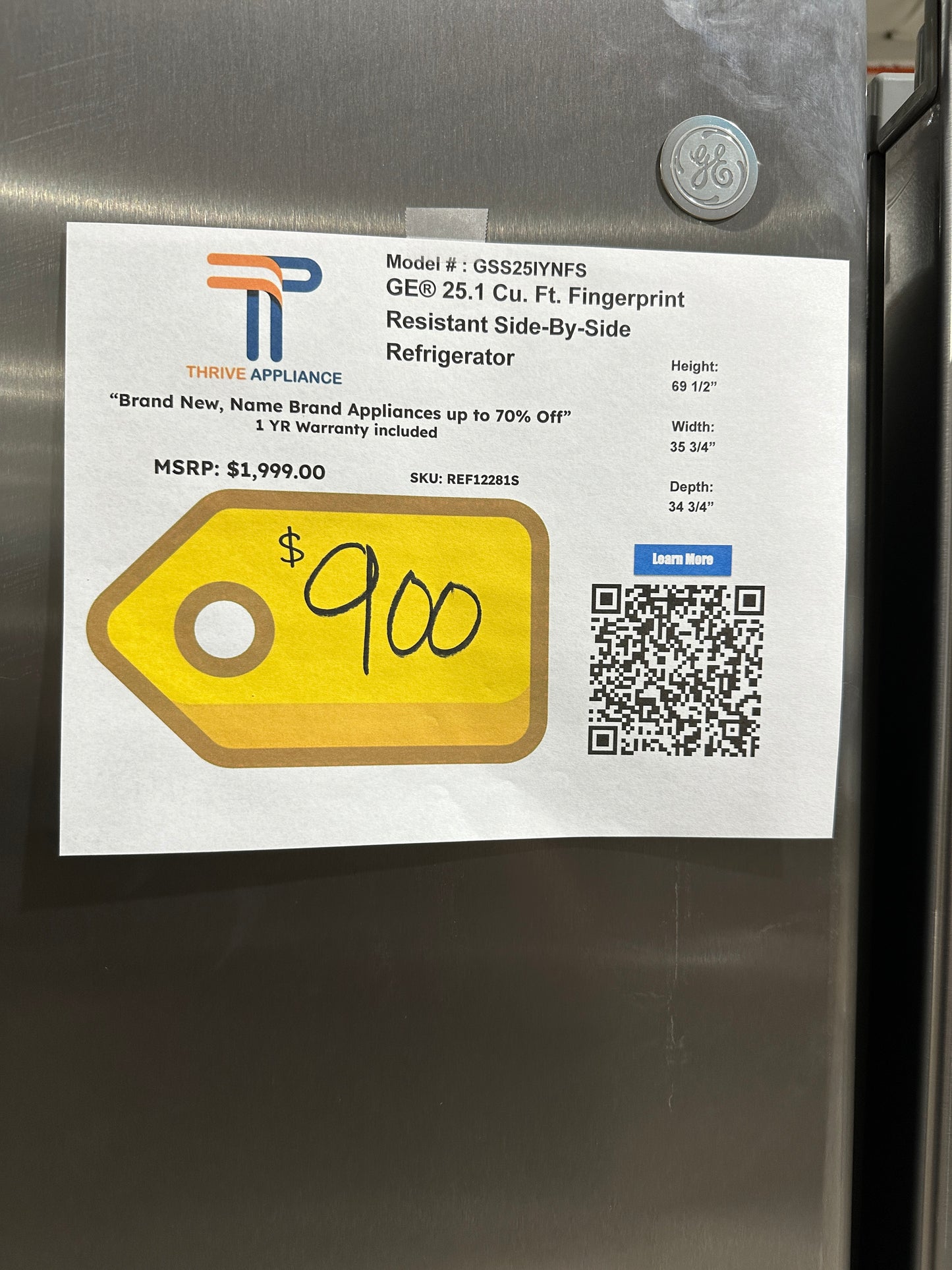 GE - 25.1 Cu. Ft. Side-By-Side Refrigerator with Ice & Water Dispenser MODEL:GSS25IYNFS REF12281S