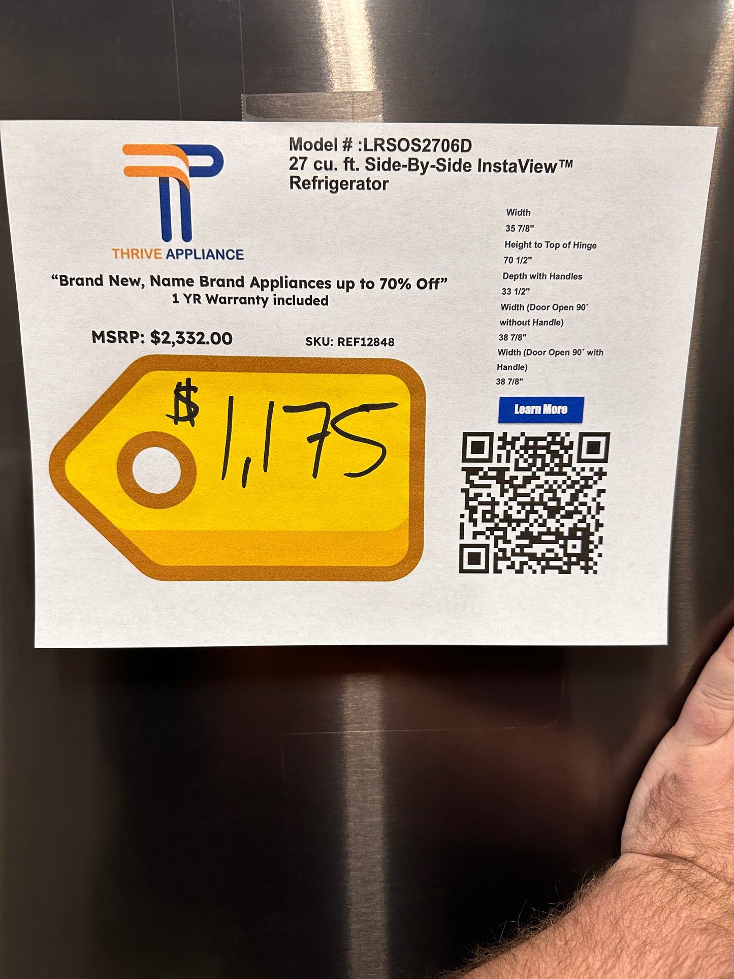 GREAT NEW LG SIDE-BY-SIDE REFRIGERATOR - REF12848 LRSOS2706D