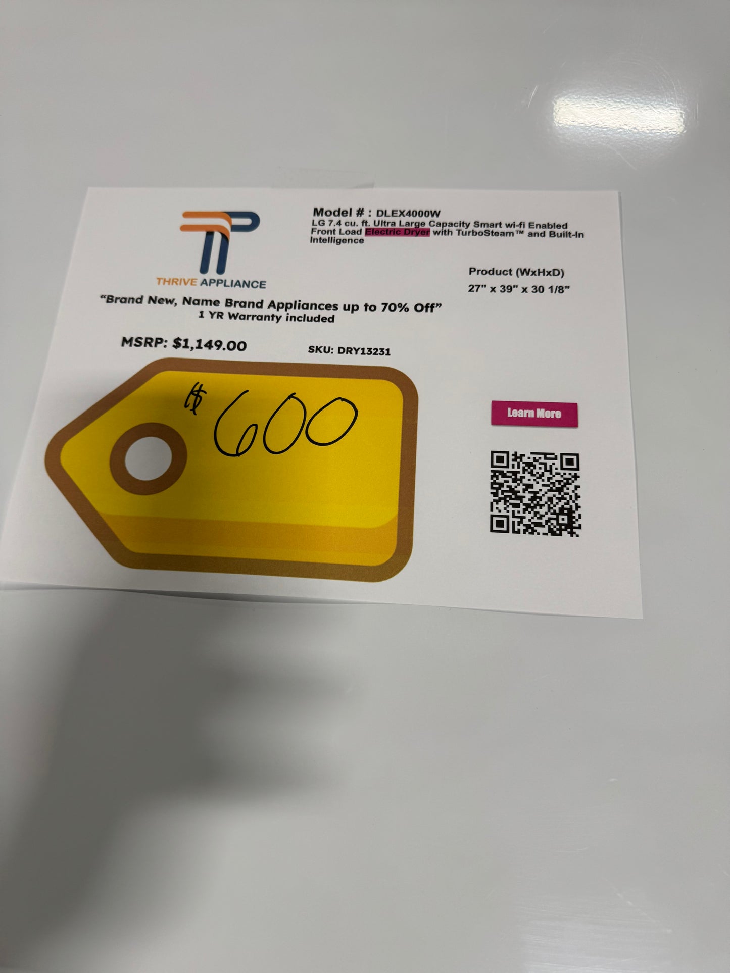 LG 7.4 Cu. Ft. Vented SMART Stackable Electric Dryer in White with TurboSteam and Sensor Dry Technology MODEL: DLEX4000W SKU: DRY13231