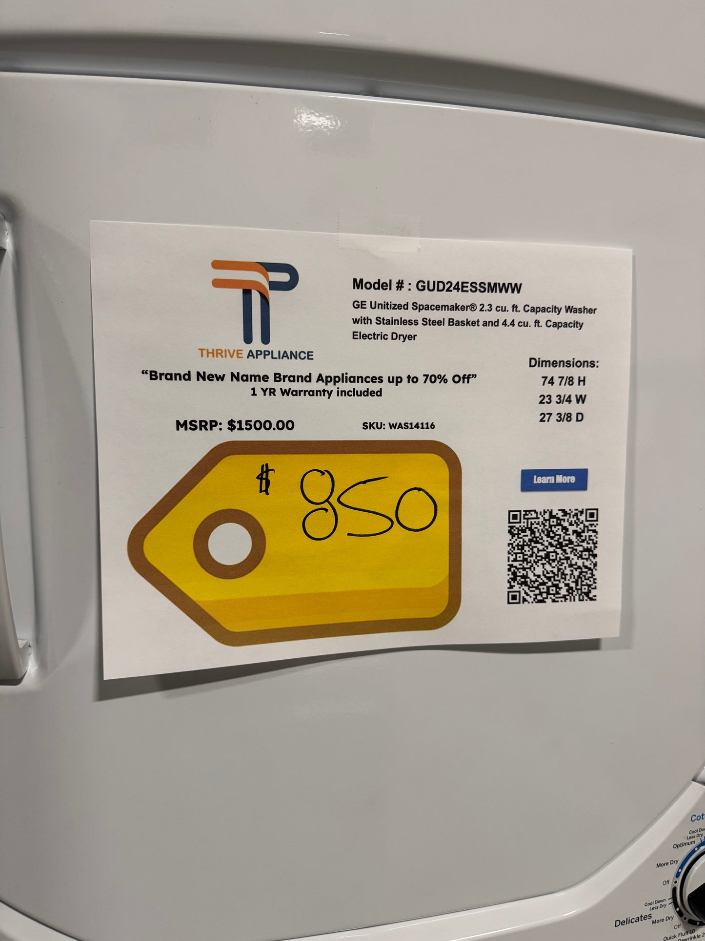 Laundry Set: GE 2.3 cu. ft. Washer 4.4 cu. ft. Electric Dryer Combo in White MODEL: GUD24ESSMWW SKU: WAS14116