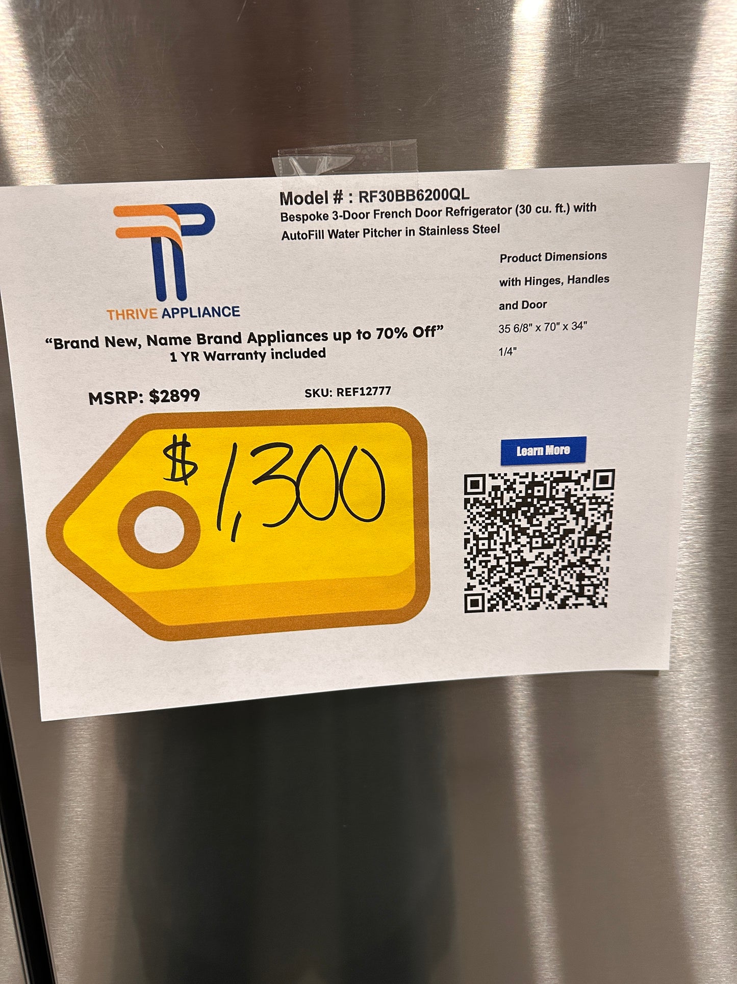 GREAT NEW SAMSUNG BESPOKE FRENCH DOOR REFRIGERATOR - REF12777 RF30BB6200QL