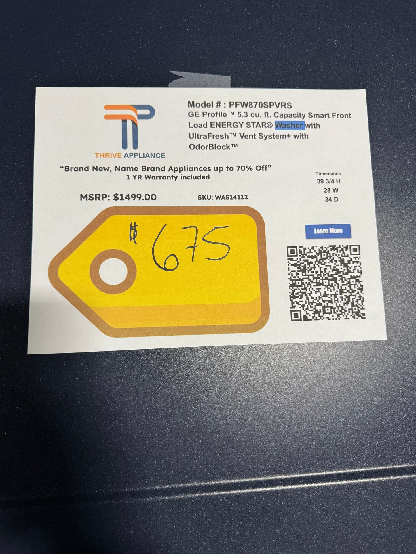 GE Profile 5.3 cu. ft. Smart Front Load Washer in Sapphire Blue w/OdorBlock UltraFresh Vent System, Microban, Tier 2 EStar MODEL: PFW870SPVRS SKU: WAS14112
