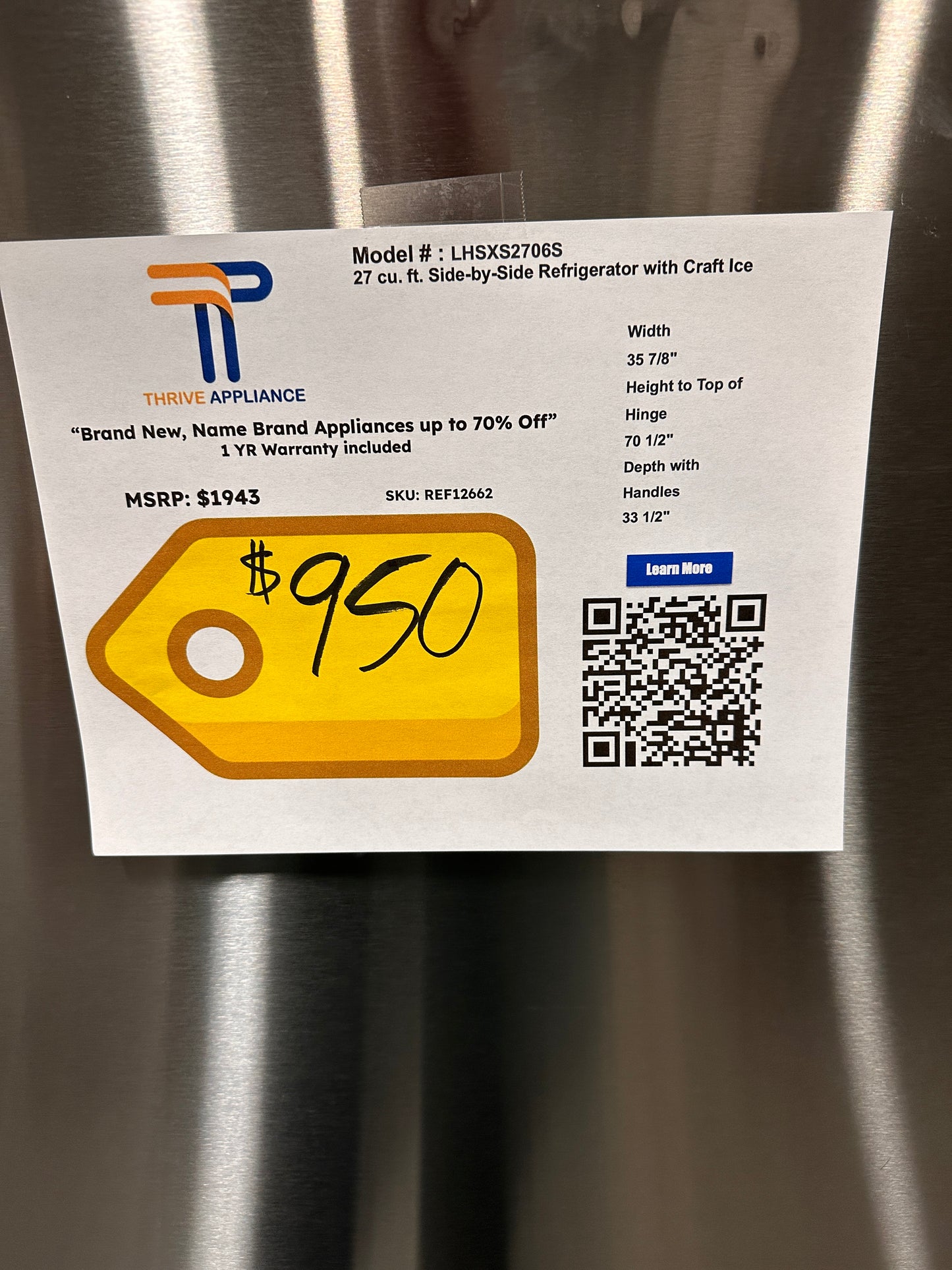 BRAND NEW LG SMART REFRIGERATOR - REF12662 LRSXS2706S