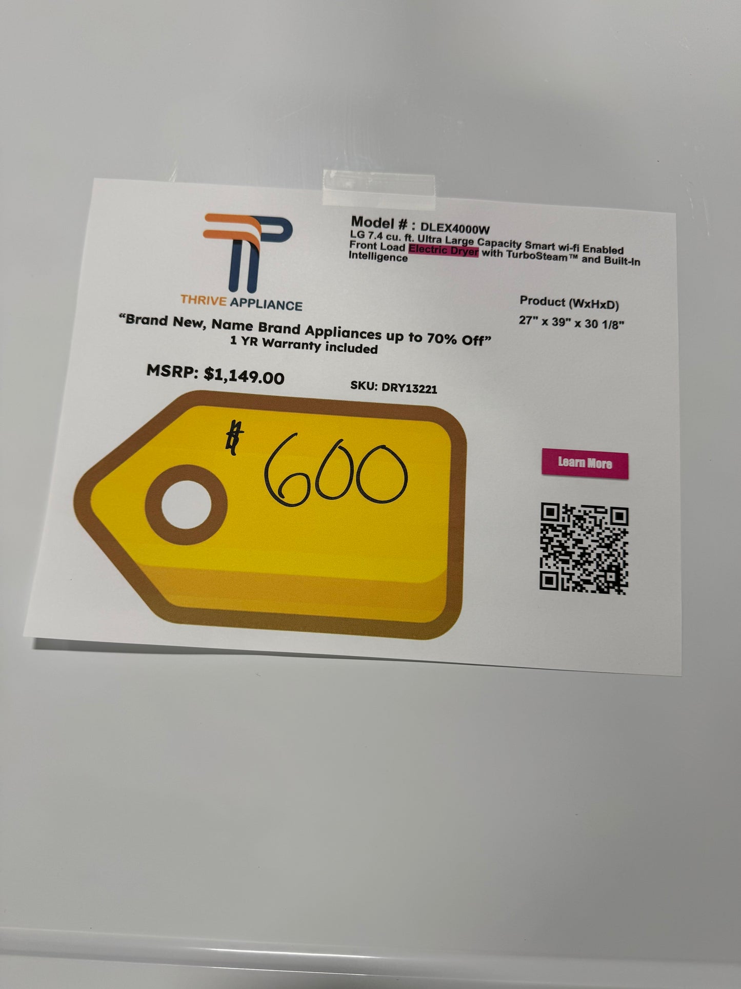 LG 7.4 cu. ft. Large Capacity Front Load Electric Dryer - White MODEL: DLEX4000W SKU: DRY13221