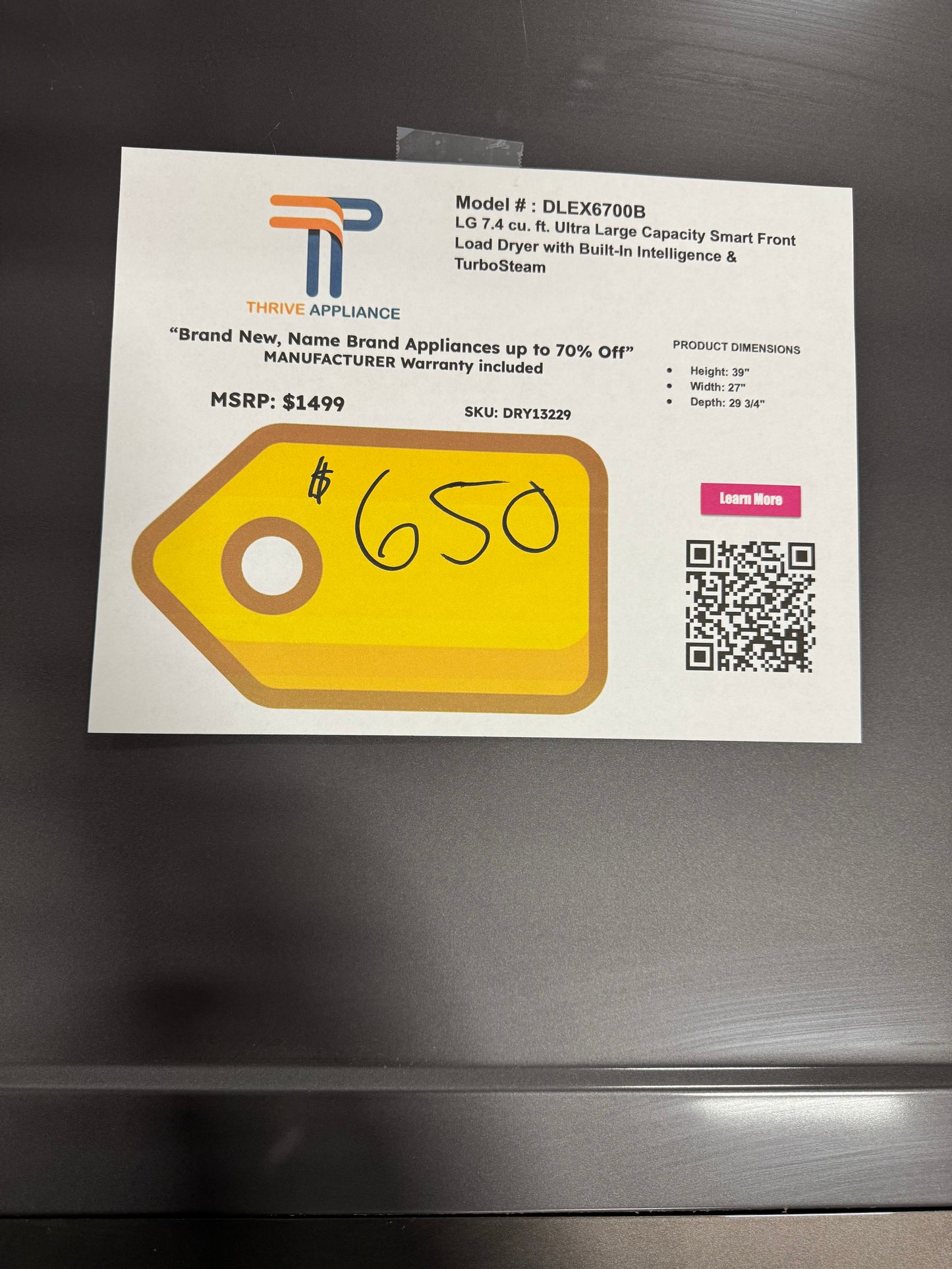 LG 7.4 cu. ft. Vented Stackable SMART Electric Dryer in Black Steel with TurboSteam and AI Sensor Dry Technology MODEL: DLEX6700B SKU: DRY13229