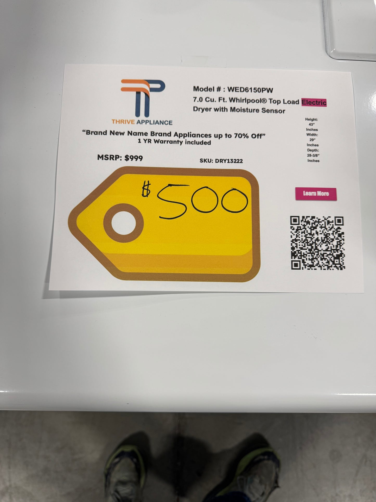 7.0 Cu. Ft. Whirlpool® Top Load Electric Dryer with Moisture Sensor