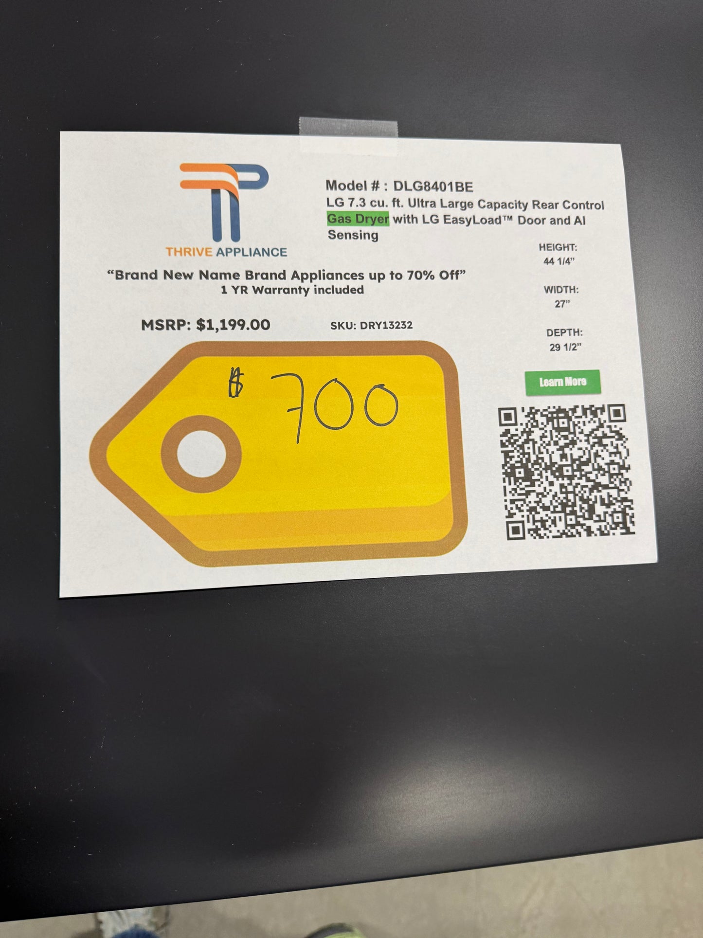 7.3 cu. ft. Ultra Large Capacity Rear Control Gas Dryer with LG EasyLoad™ Door and AI Sensing