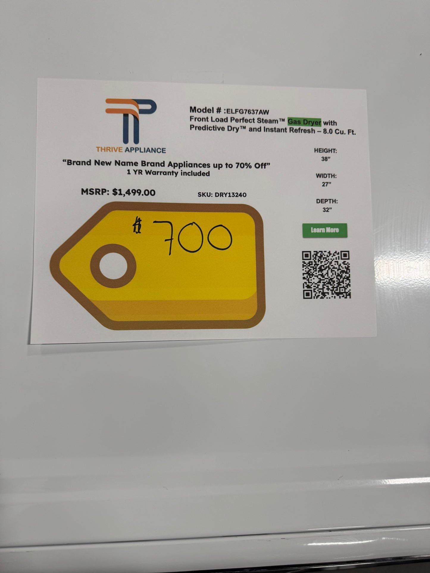 Electrolux 8 cu. ft. White Front Load Perfect Steam Gas Dryer with LuxCare Dry and Instant Refresh