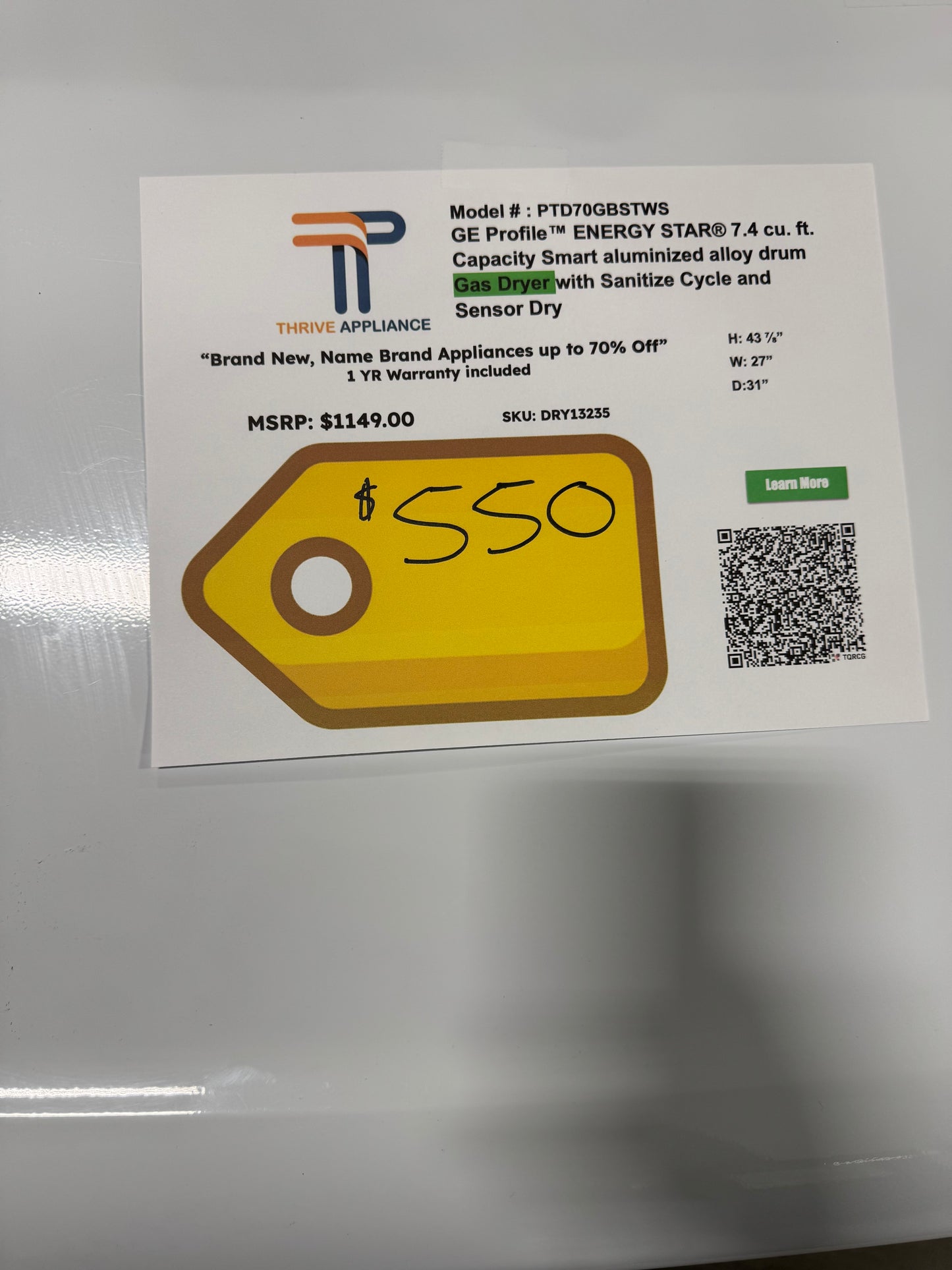 GE Profile™ ENERGY STAR® 7.4 cu. ft. Capacity Smart aluminized alloy drum Gas Dryer with Sanitize Cycle and Sensor Dry