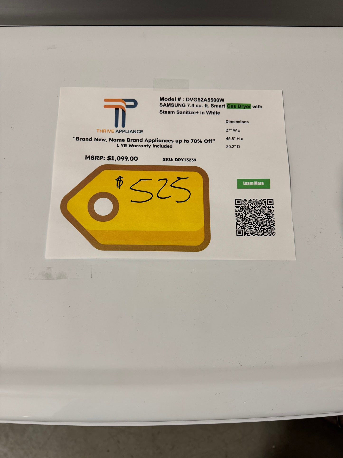 Samsung 7.4 cu. ft. Vented Gas Dryer in White with Steam Sanitize+