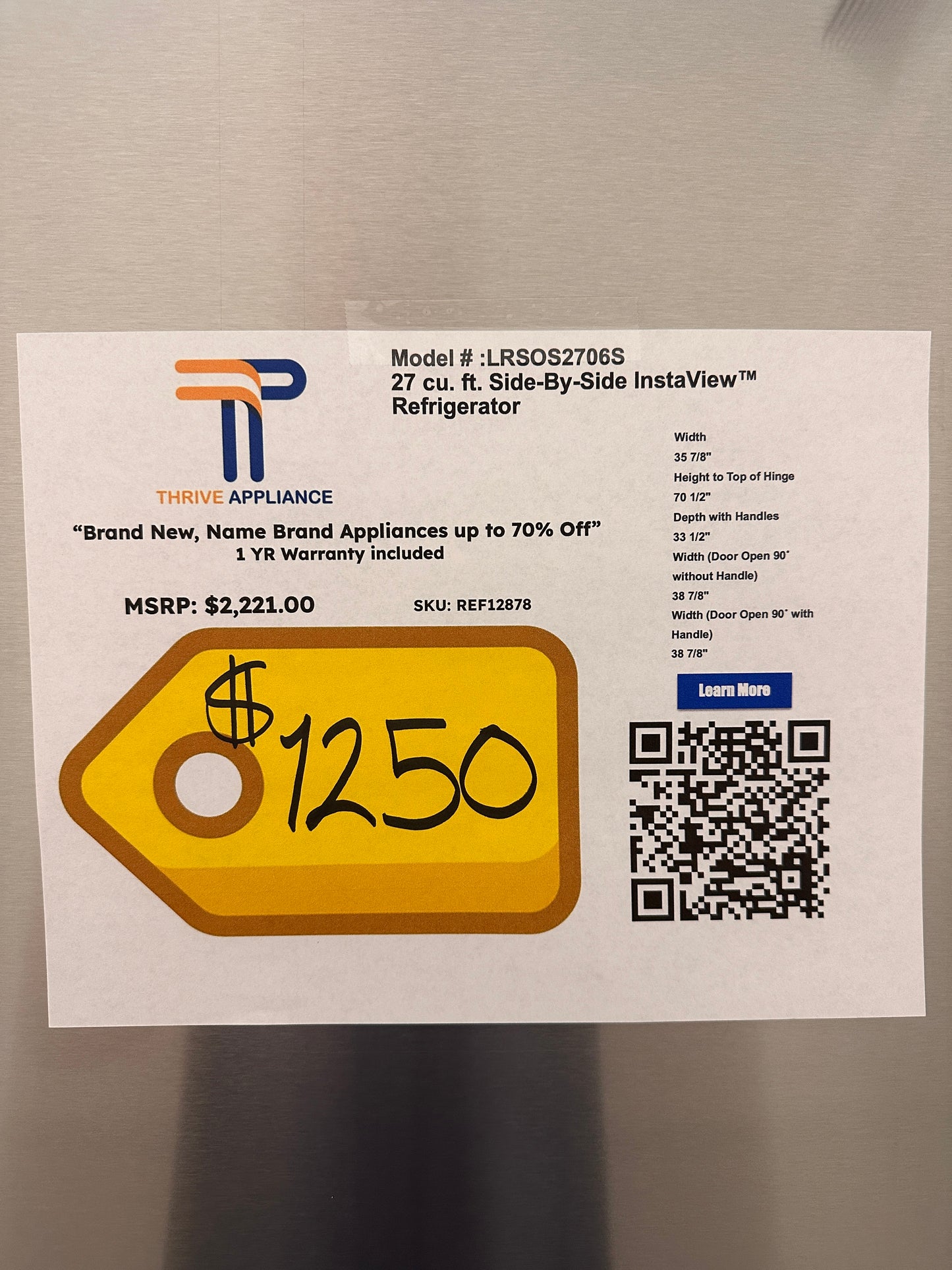 GREAT NEW LG SIDE BY SIDE REFRIGERATOR Model:LRSOS2706S REF12878