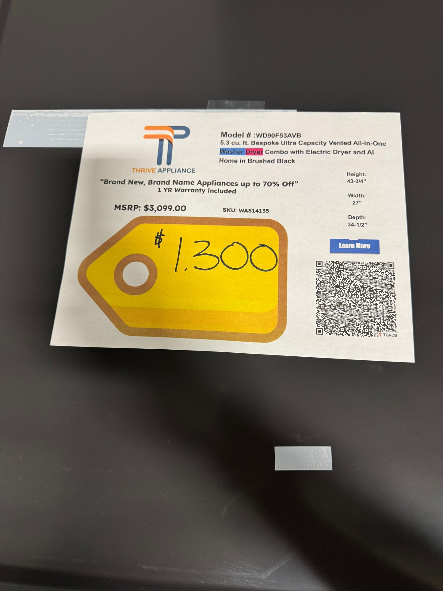 Samsung 5.3 cu. ft. Bespoke Ultra Capacity Vented All-in-One Washer Dryer Combo with Electric Dryer and AI Home in Brushed Black (Laundry Set) MODEL: WD90F53AVB SKU: WAS14135