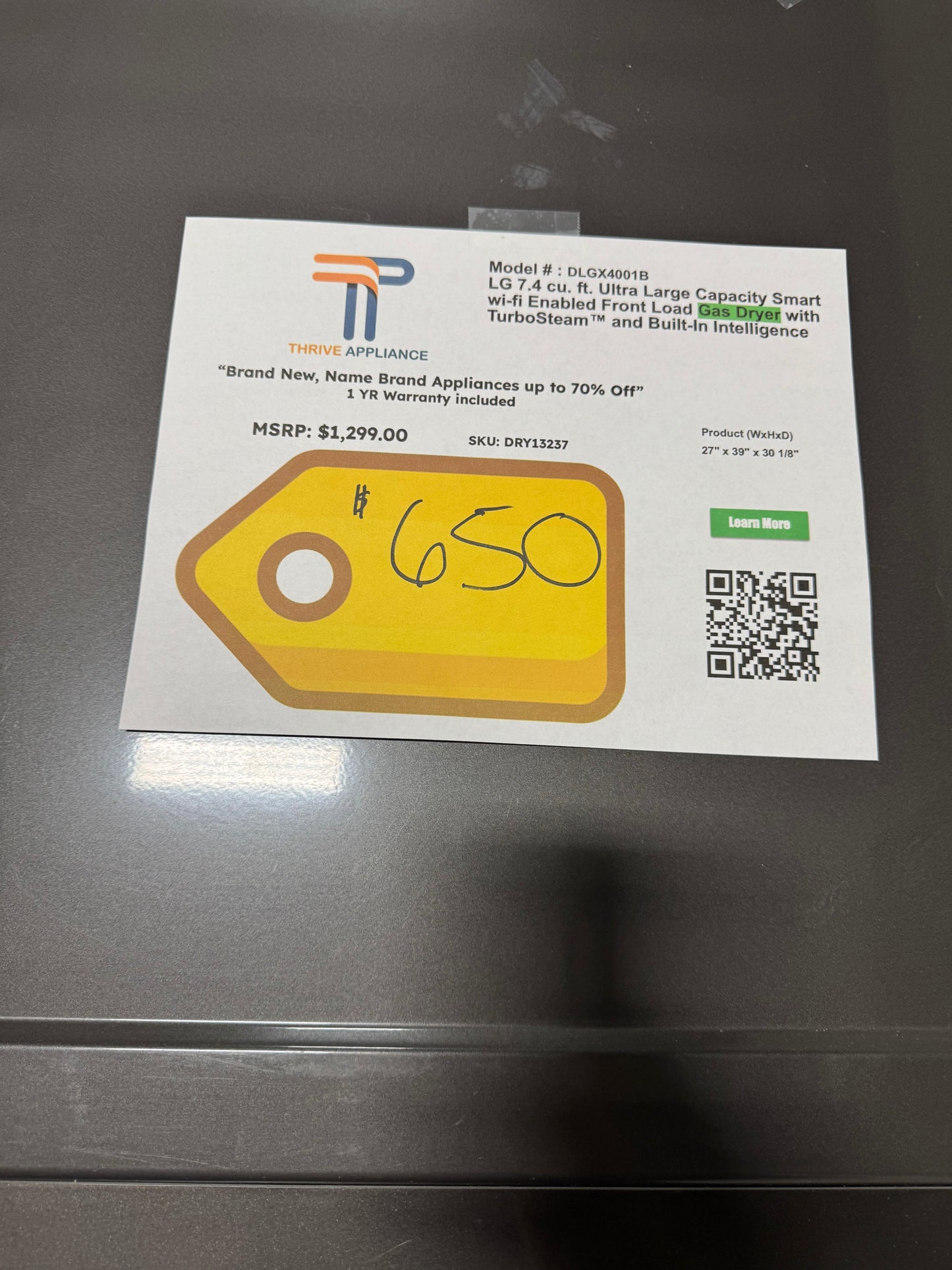 LG 7.4 Cu. Ft. Vented SMART Stackable Gas Dryer in Black Steel with TurboSteam and Sensor Dry Technology