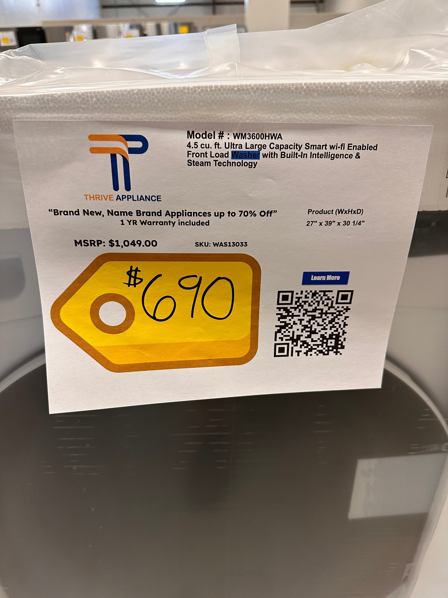 Front Load Washer with Steam and 6Motion Technology - White Model:WM3600HWA WAS13033