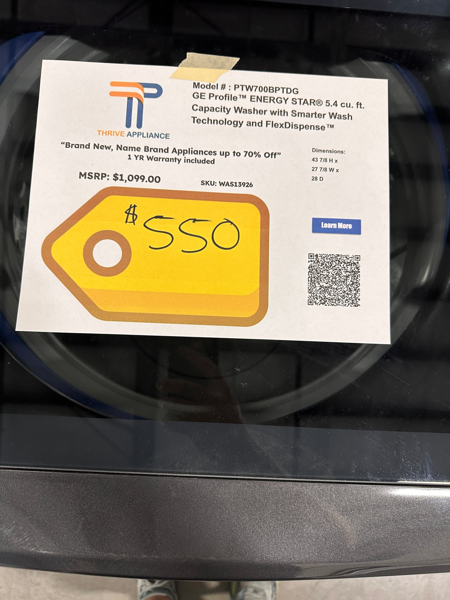GREAT GE PROFILE TOP LOAD WASHER WITH IMPELLER MODEL: PTW700BPTDG WAS13926