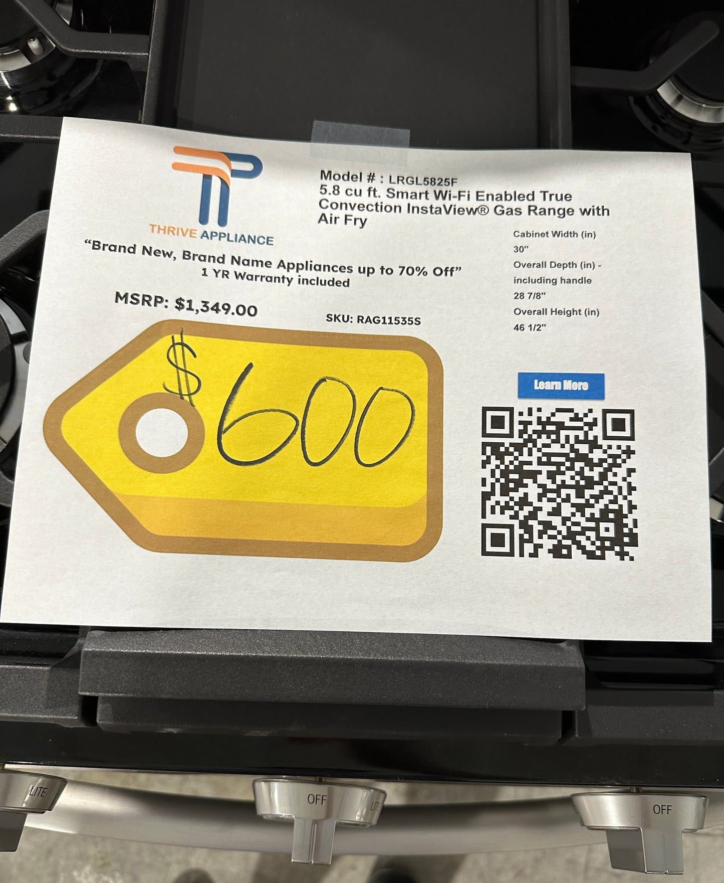 NEW LG GAS TRUE CONVECTION RANGE MODEL: LRGL5825F RAG11535S