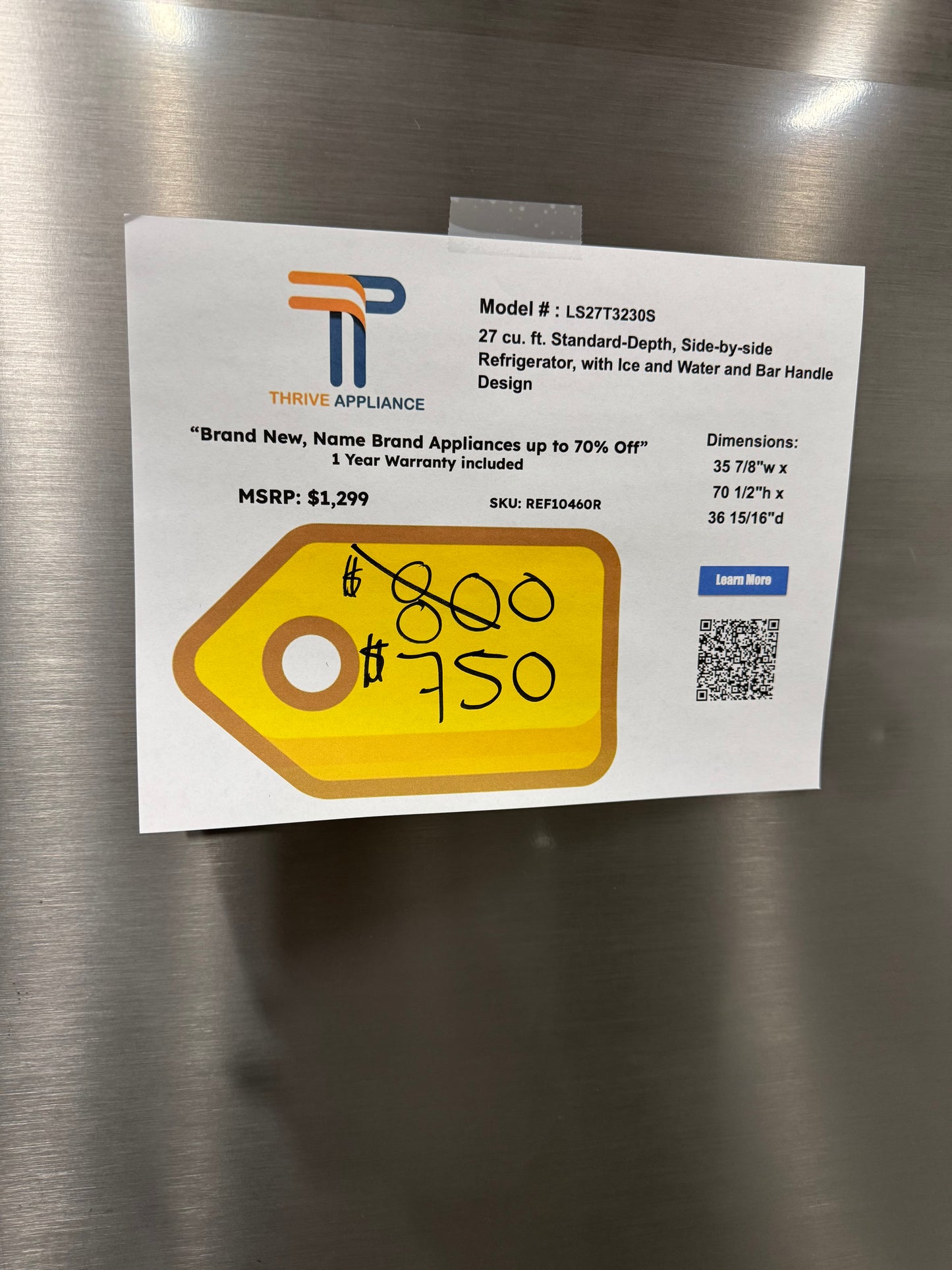 LG 27 cu. ft. Standard-Depth, Side-by-Side Refrigerator, with Ice and Water and Bar Handle Design MODEL: LS27T3230S SKU: REF10460R