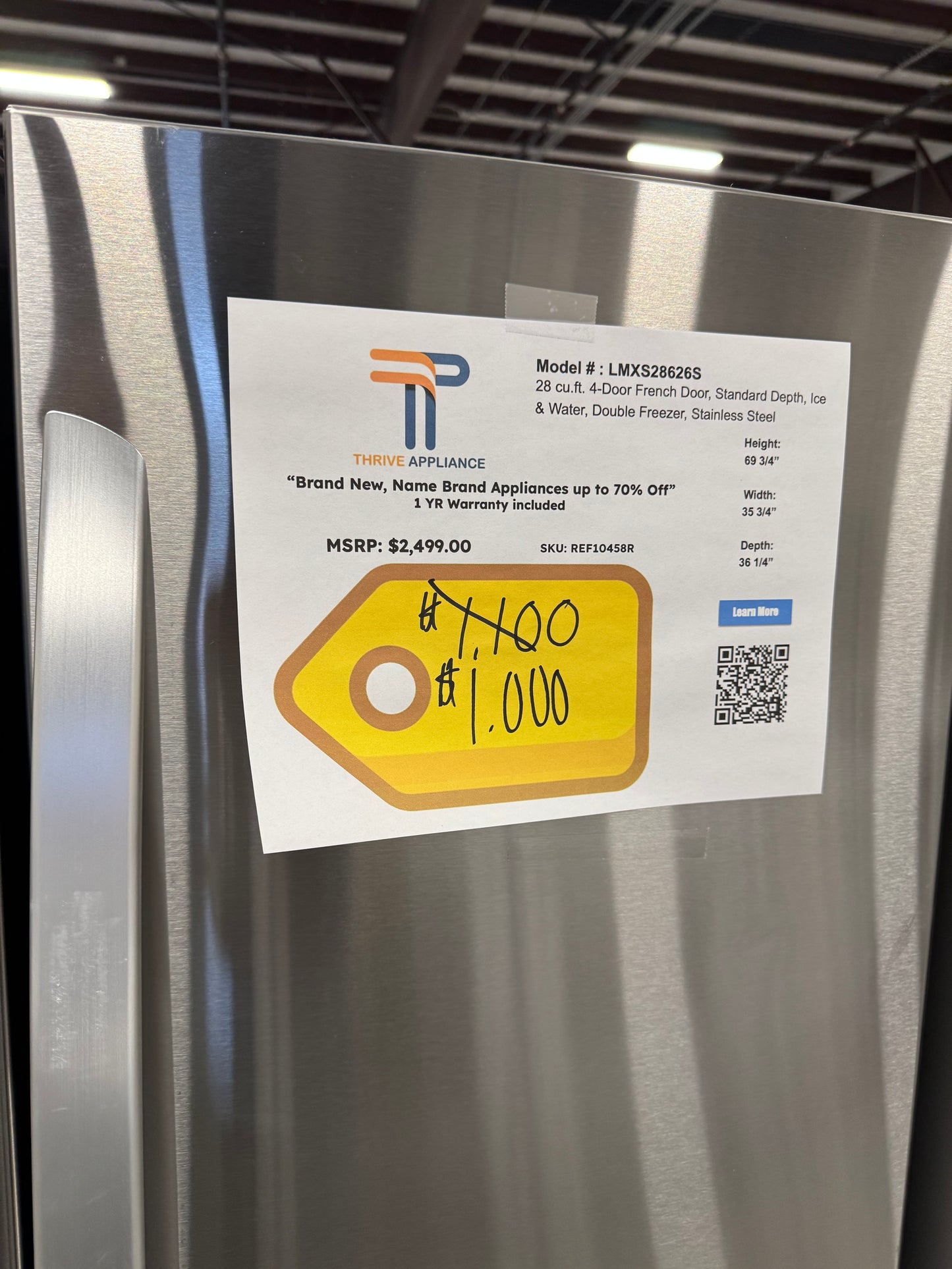 LG 28 cu. ft. 4-Door French Door, Standard Depth, Ice $ Water, Double Freezer, Stainless Steel MODEL: LMXS28626S SKU: REF10458R