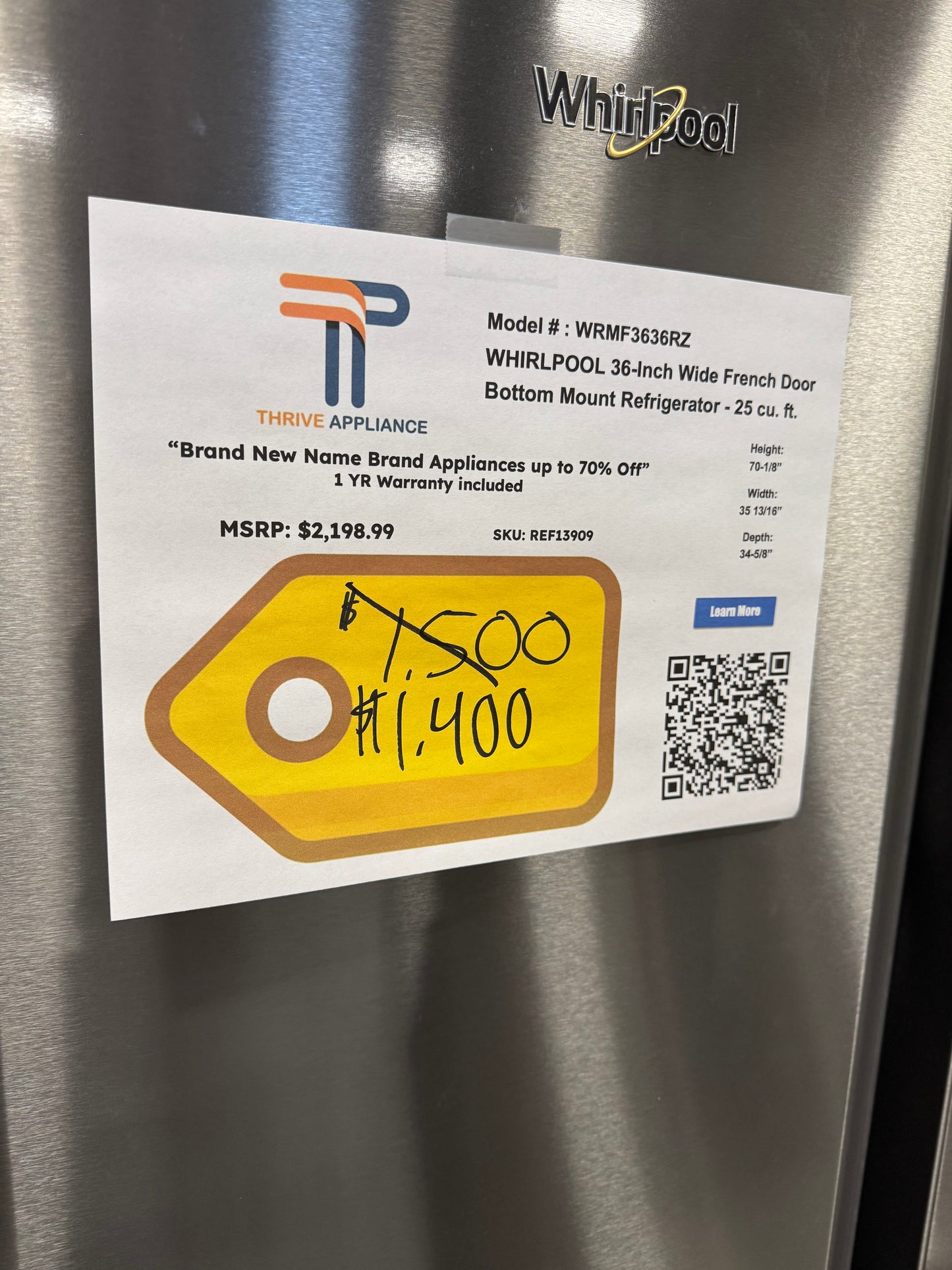 Whirlpool Standard-Depth 24.5-cu ft 4 -Door 36-in Wide French Door Refrigerator with Ice Maker with Water and Ice Dispenser ( Stainless Steel ) ENERGY STAR Certified