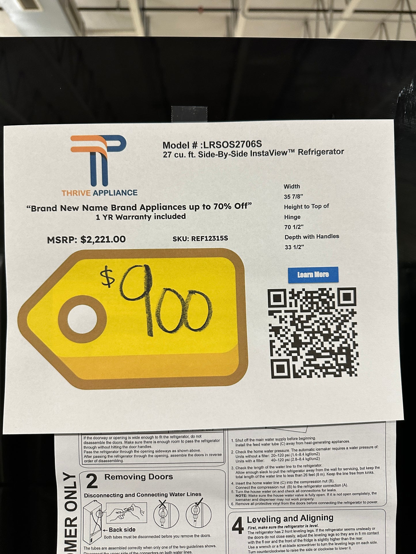 INSTAVIEW LG SIDE BY SIDE REFRIGERATOR MODEL: LRSOS2706S REF12315S