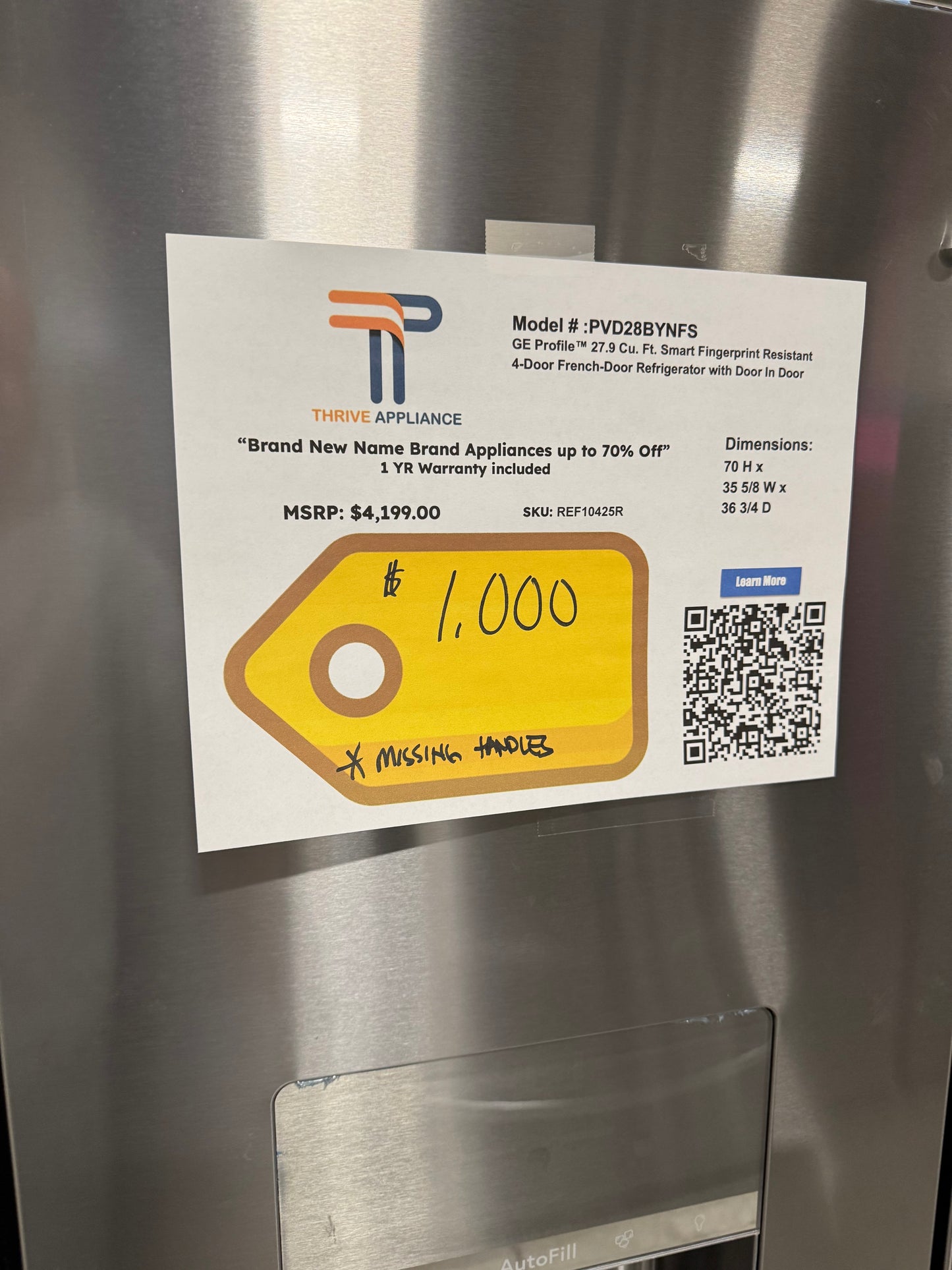 GE Profile 27.9 Cu. Ft. Smart 4-Door French Door Refrigerator with Door In Door MODEL: PVD28BYNFS REF10425R