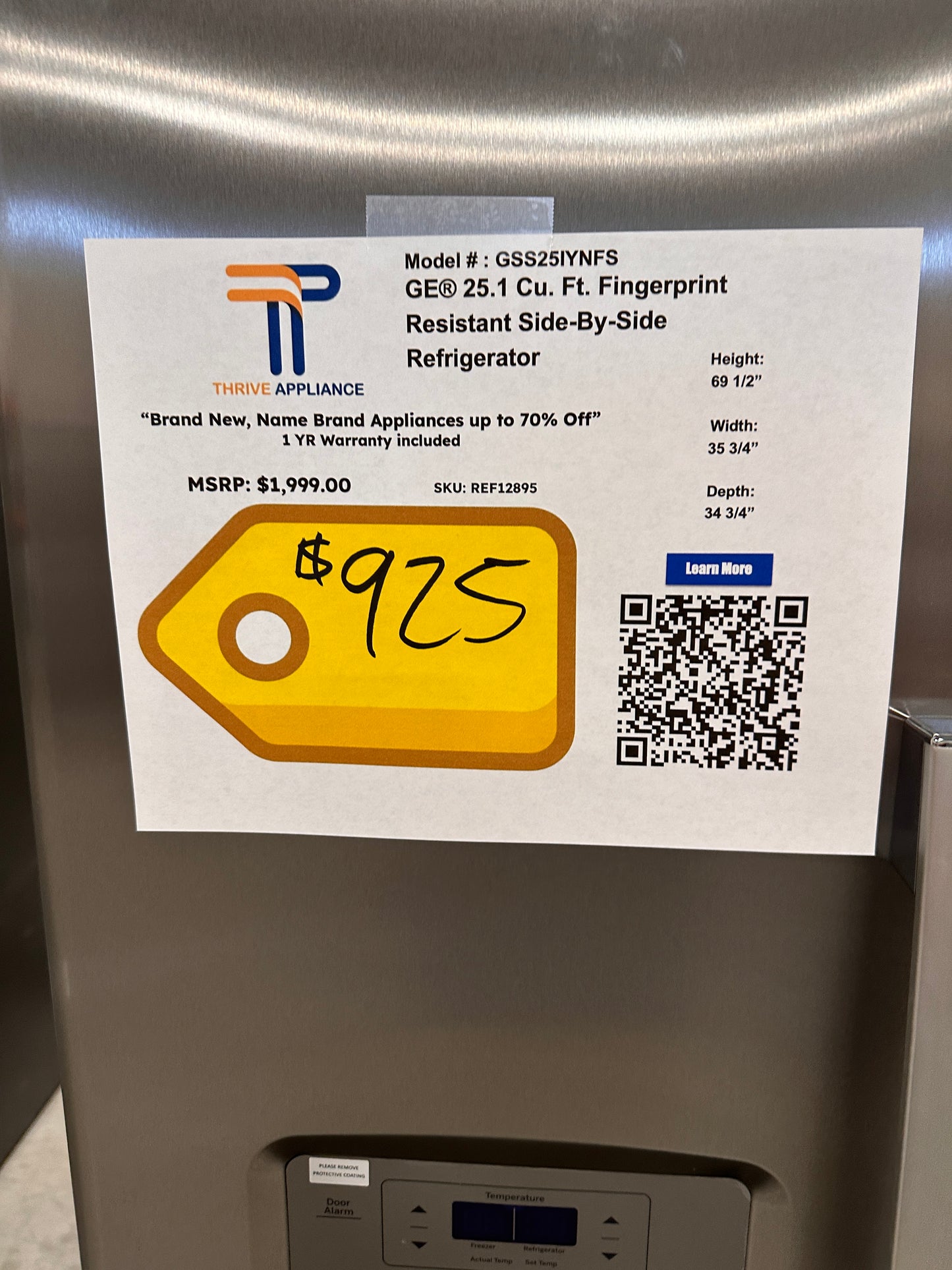 25.1 CU FT SIDE-BY-SIDE GE REFRIGERATOR Model:GSS25IYNFS REF12895