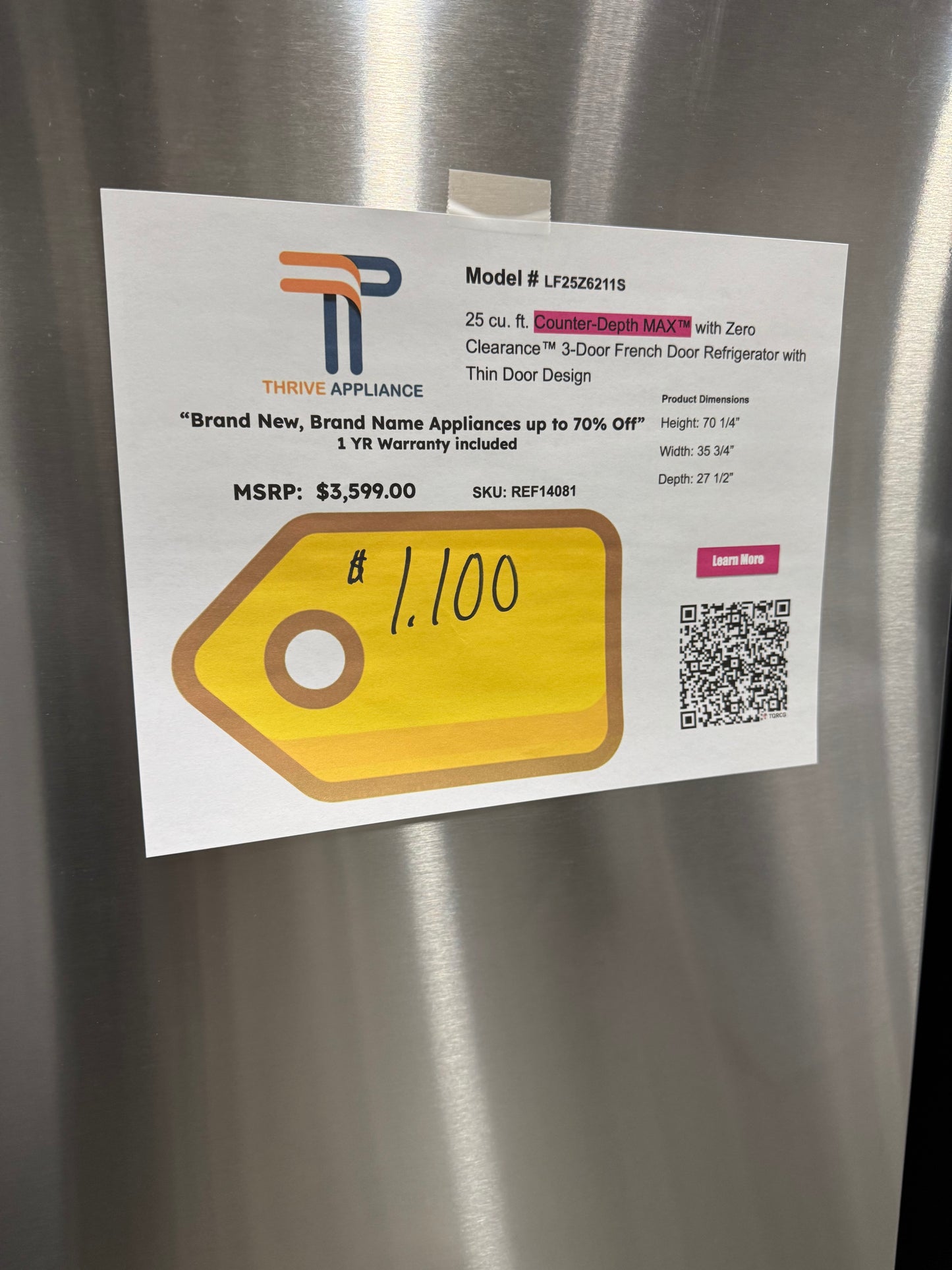 LG 25 cu. ft. Counter-Depth MAX with Zero Clearance 3-Door French Door Refrigerator with Thin Door Design MODEL: LF25Z6211S SKU: REF14081