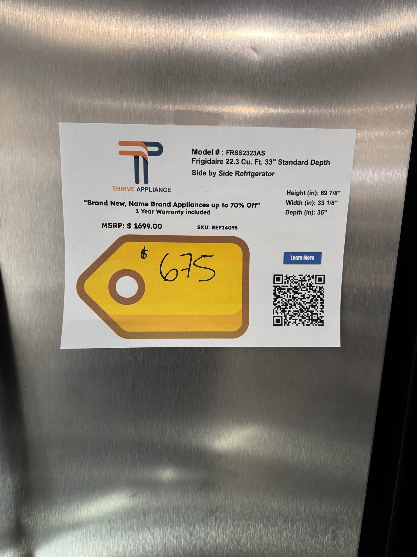 Frigidaire 22.3 Cu. ft. 33" Standard Depth Side by Side Refrigerator MODEL: FRSS2323AS SKU: REF14095