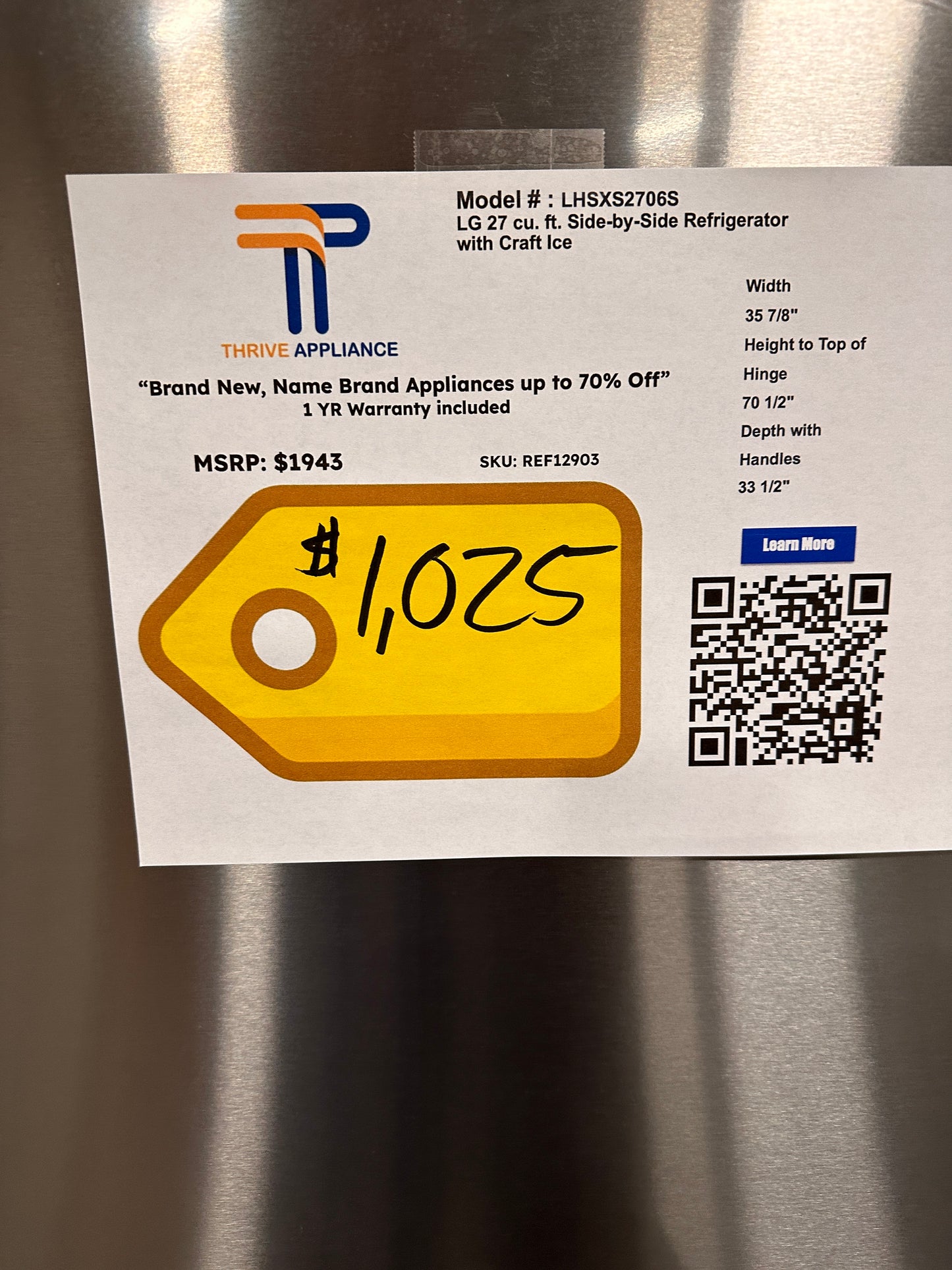 Side-by-Side Refrigerator with SpacePlus Ice - Stainless steel Model:LRSXS2706S REF12903