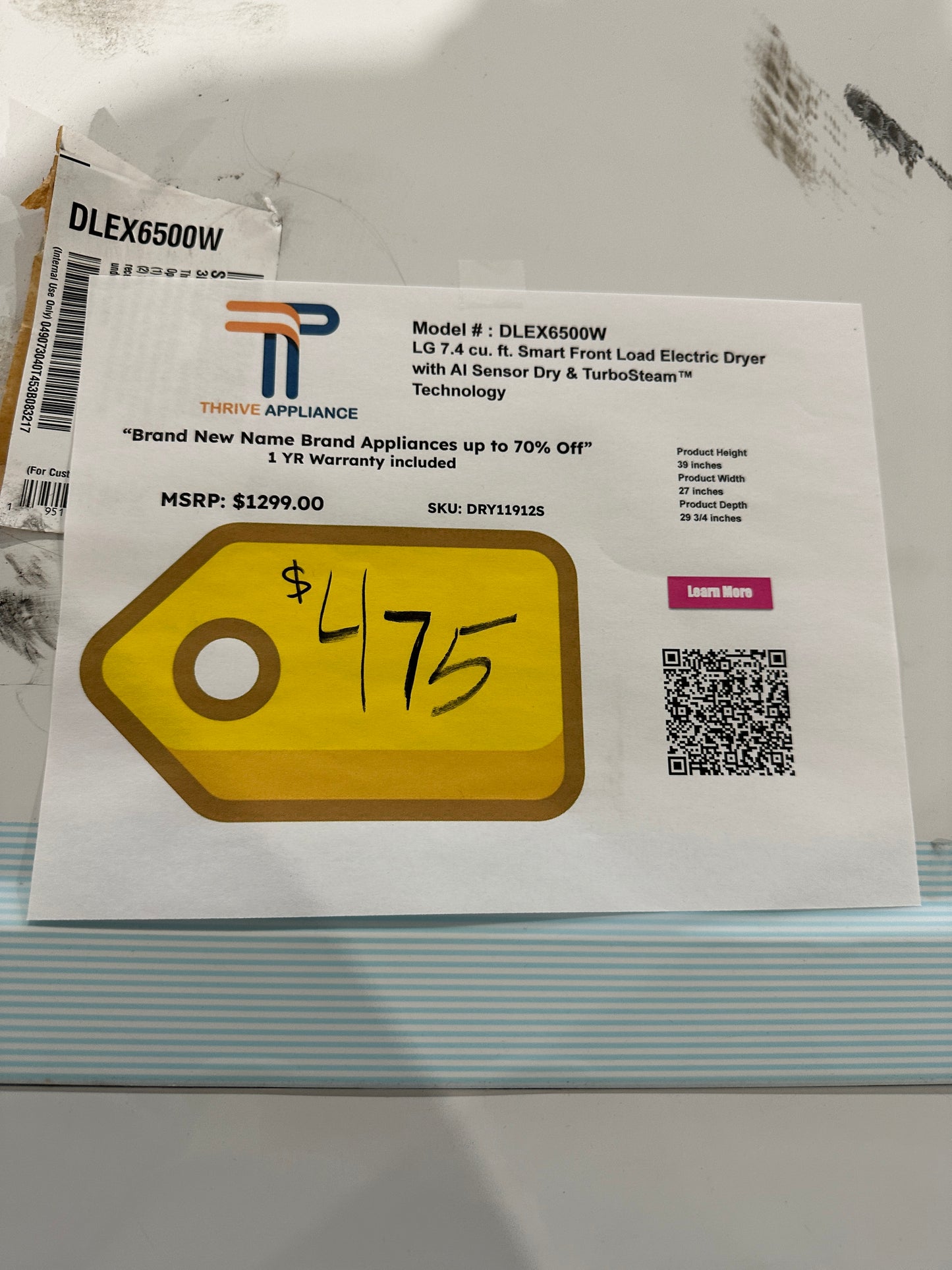 NEW LG SMART ELECTRIC DRYER WITH STEAM MODEL: DLEX6500W DRY11912S