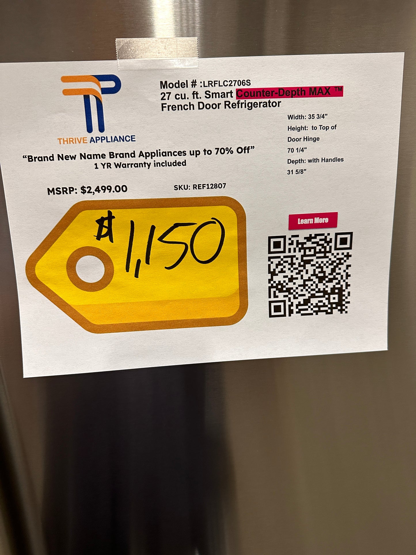NEW FRENCH DOOR COUNTER DEPTH LG REFRIGERATOR Model:LRFLC2706S REF12807