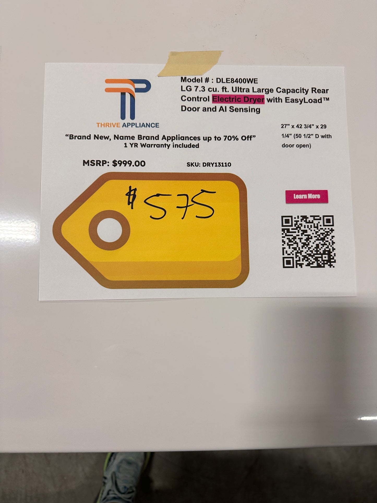 BRAND NEW LG ELECTRIC DRYER with AI SENSING TECHNOLOGY MODEL: DLE8400WE DRY13110