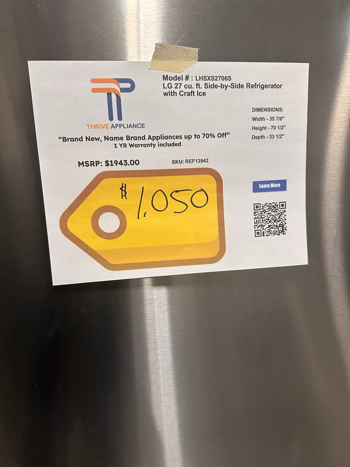 GREAT NEW LG SMART REFRIGERATOR with CRAFT ICE MODEL: LHSXS2706S REF13942