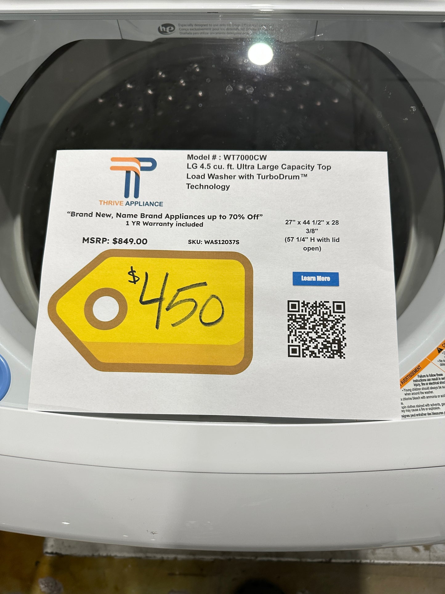 NEW TOP LOAD WASHER WITH VIBRATION REDUCTION MODEL: WT7000CW WAS12037S
